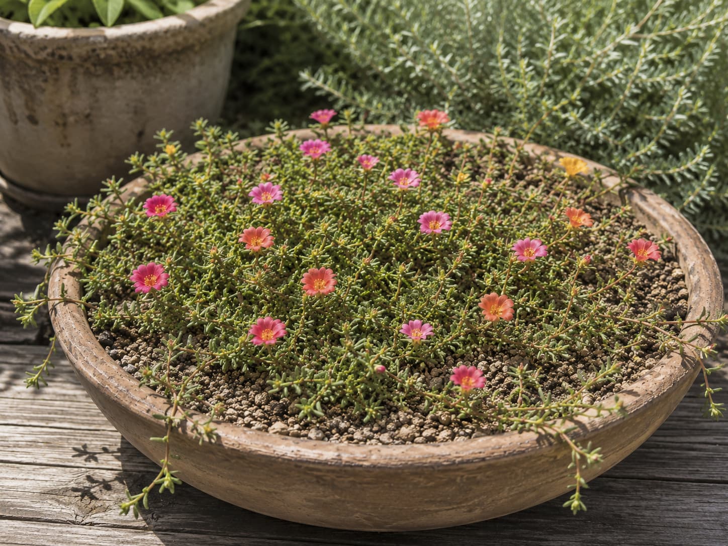 Illustration of low-growing portulaca with fleshy leaves flowering in a gritty container during hot dry weather.