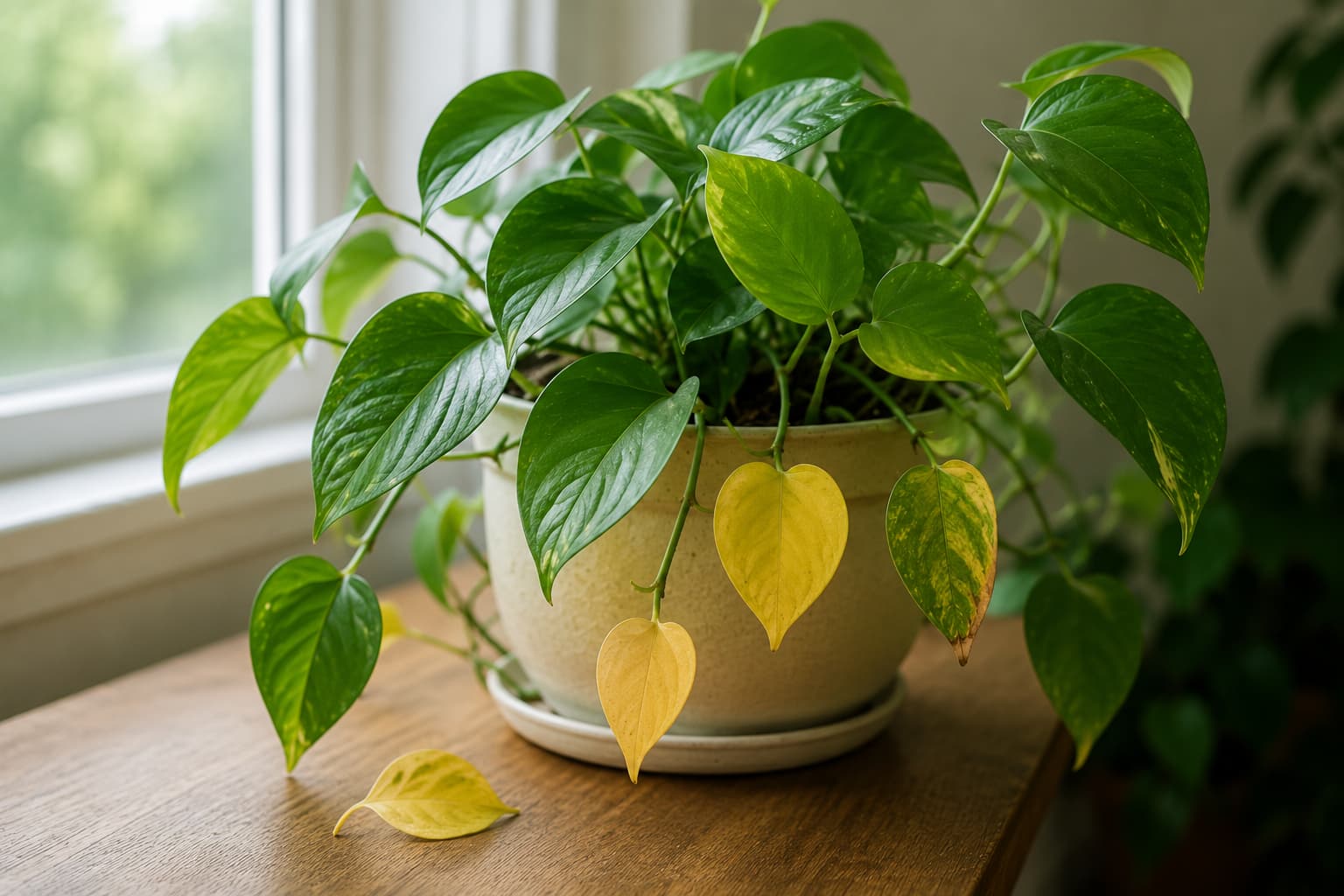 Pothos plant near a bright window with healthy green leaves, three yellowing leaves, and one naturally fallen leaf.