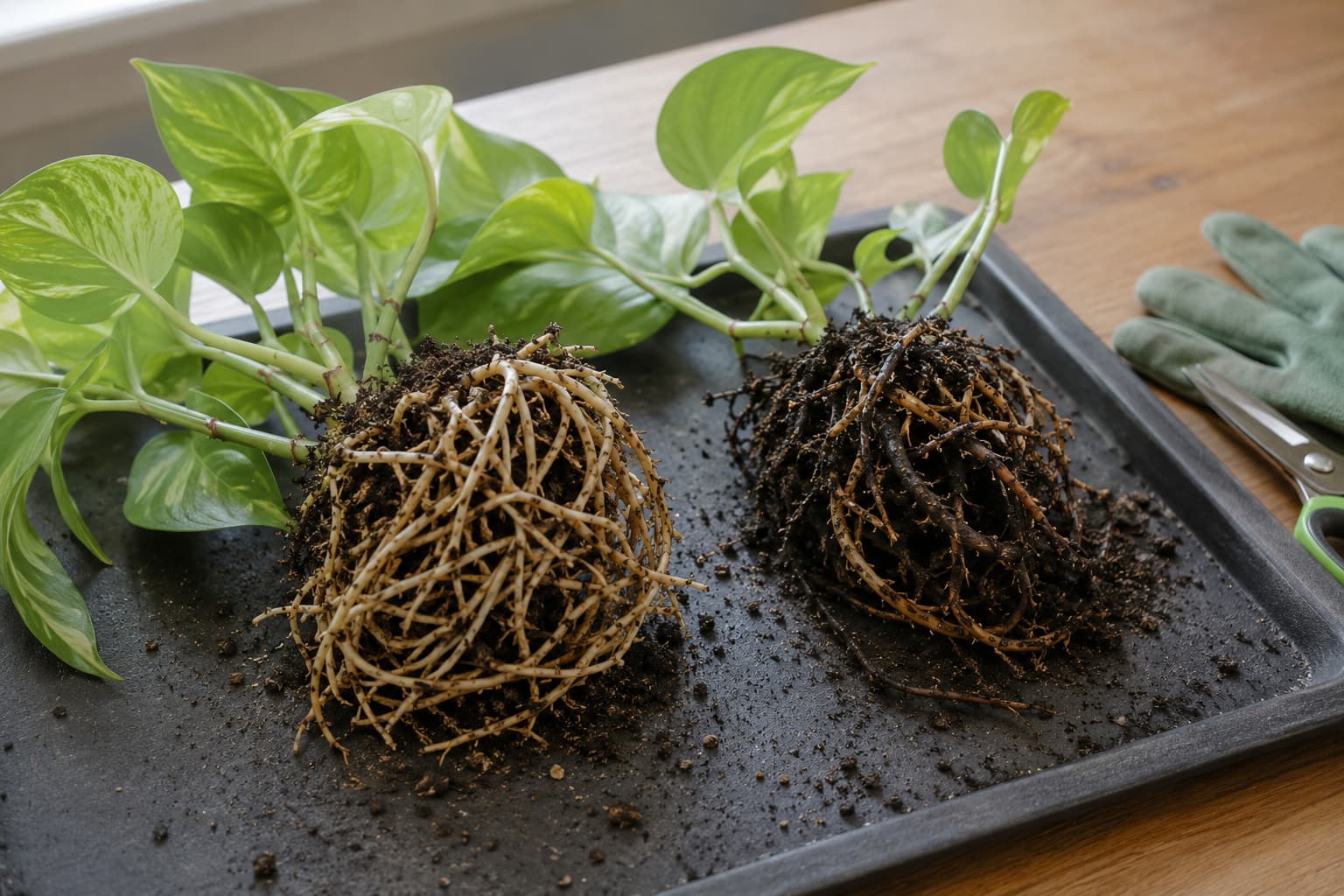 Healthy pale pothos roots beside partially darkened soft roots on a black nursery tray during root inspection.