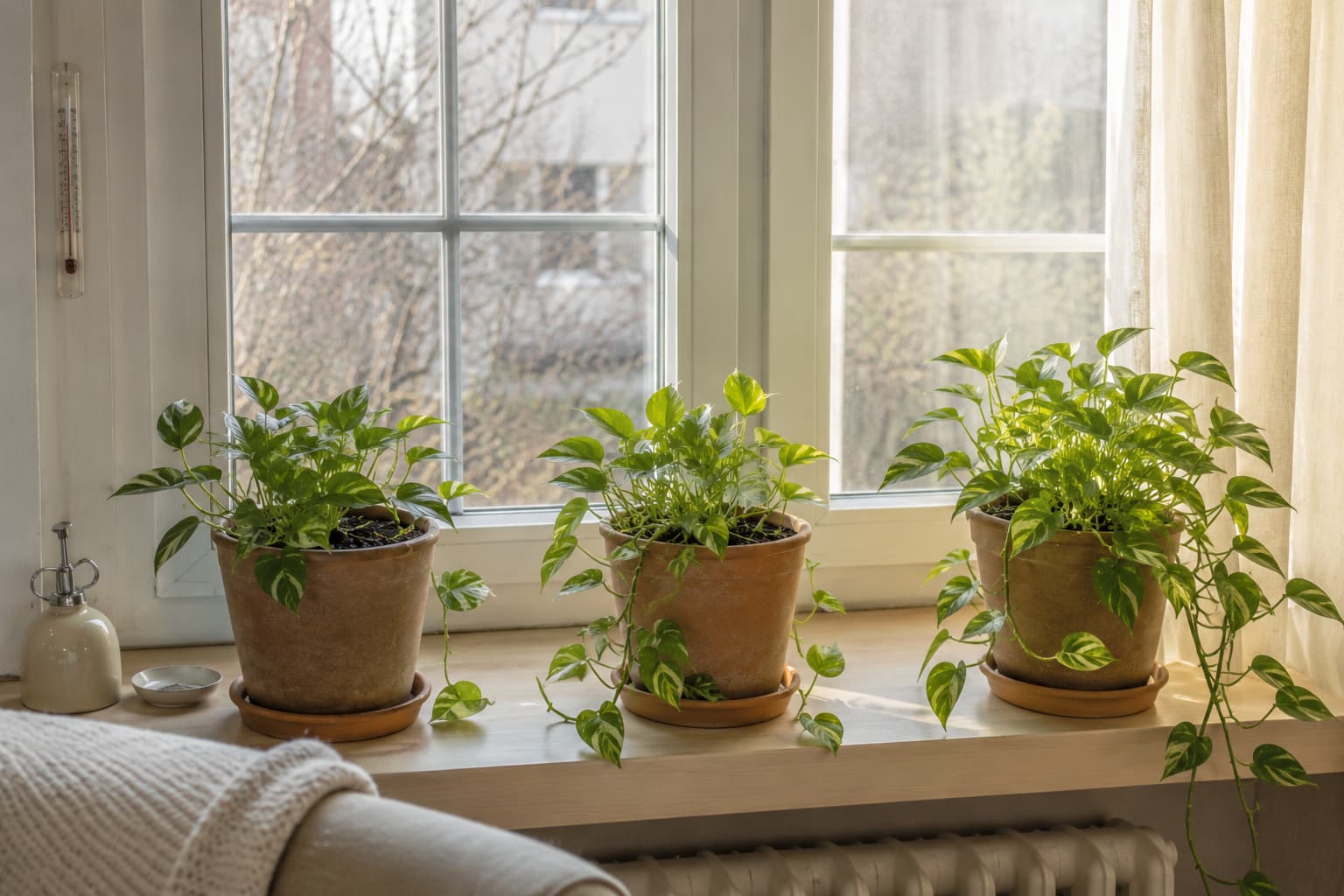 Three pothos plants near a bright window showing seasonal differences in indoor light, growth, temperature, and potting mix drying.