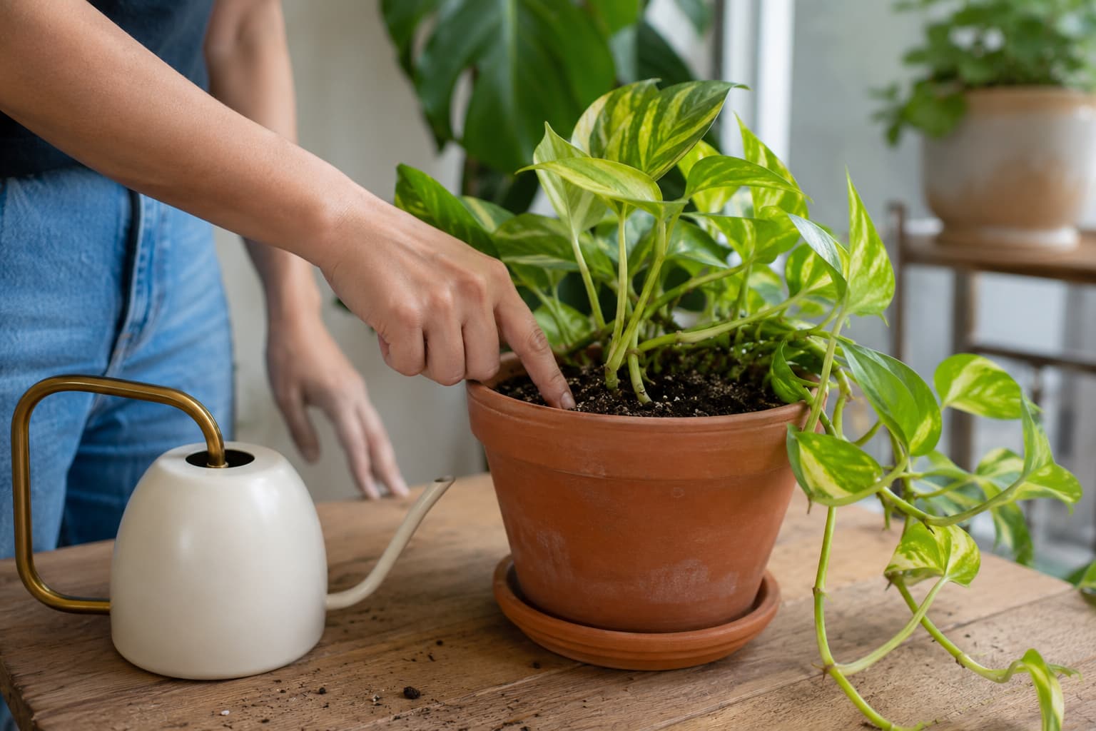 Illustration of a gardener checking golden pothos soil moisture with a finger before watering a terracotta container indoors.