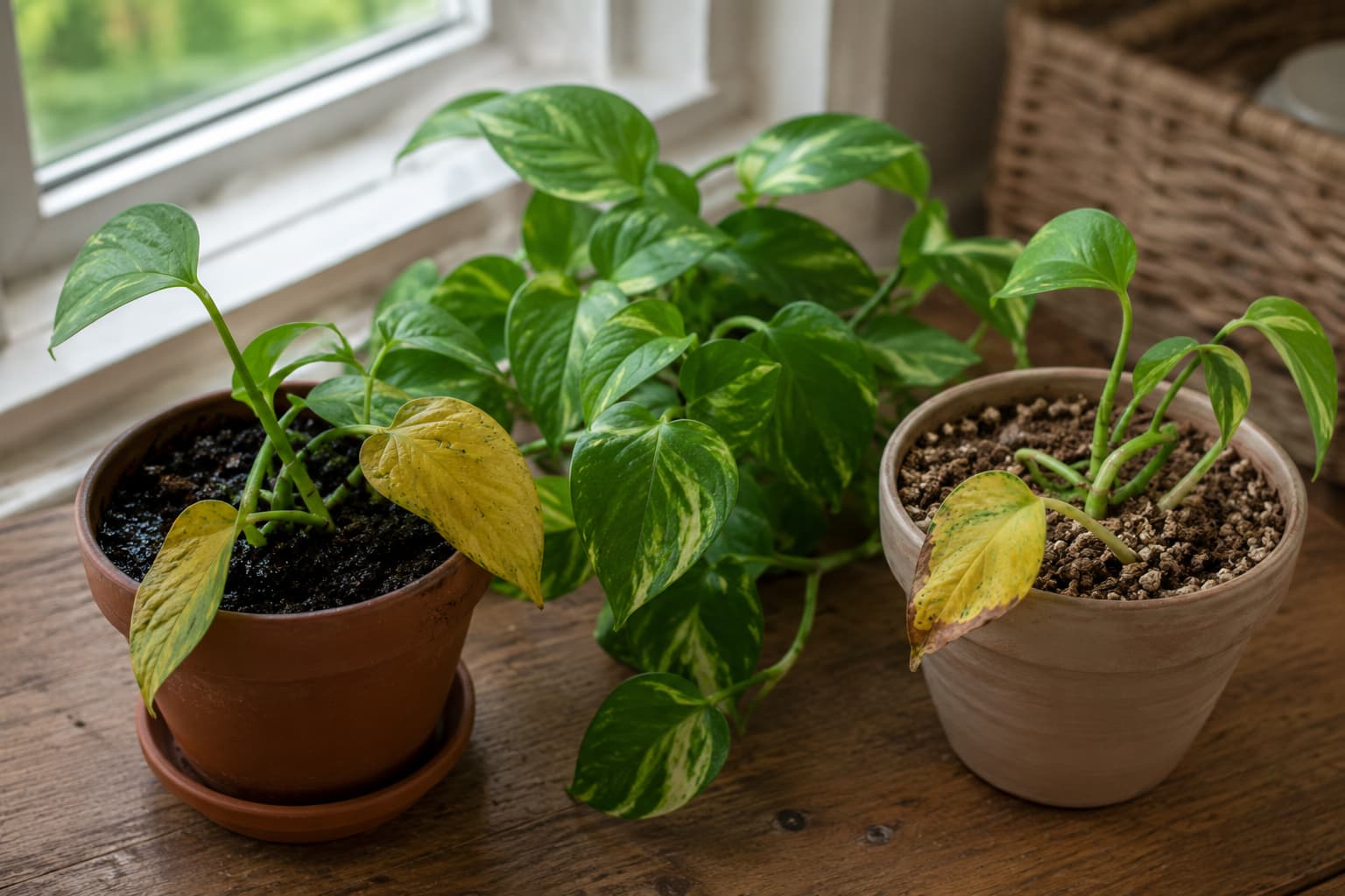 Pothos plants beside a bright window showing wet soil with soft yellow leaves, dry soil with crisp edges, and healthy green foliage between them.