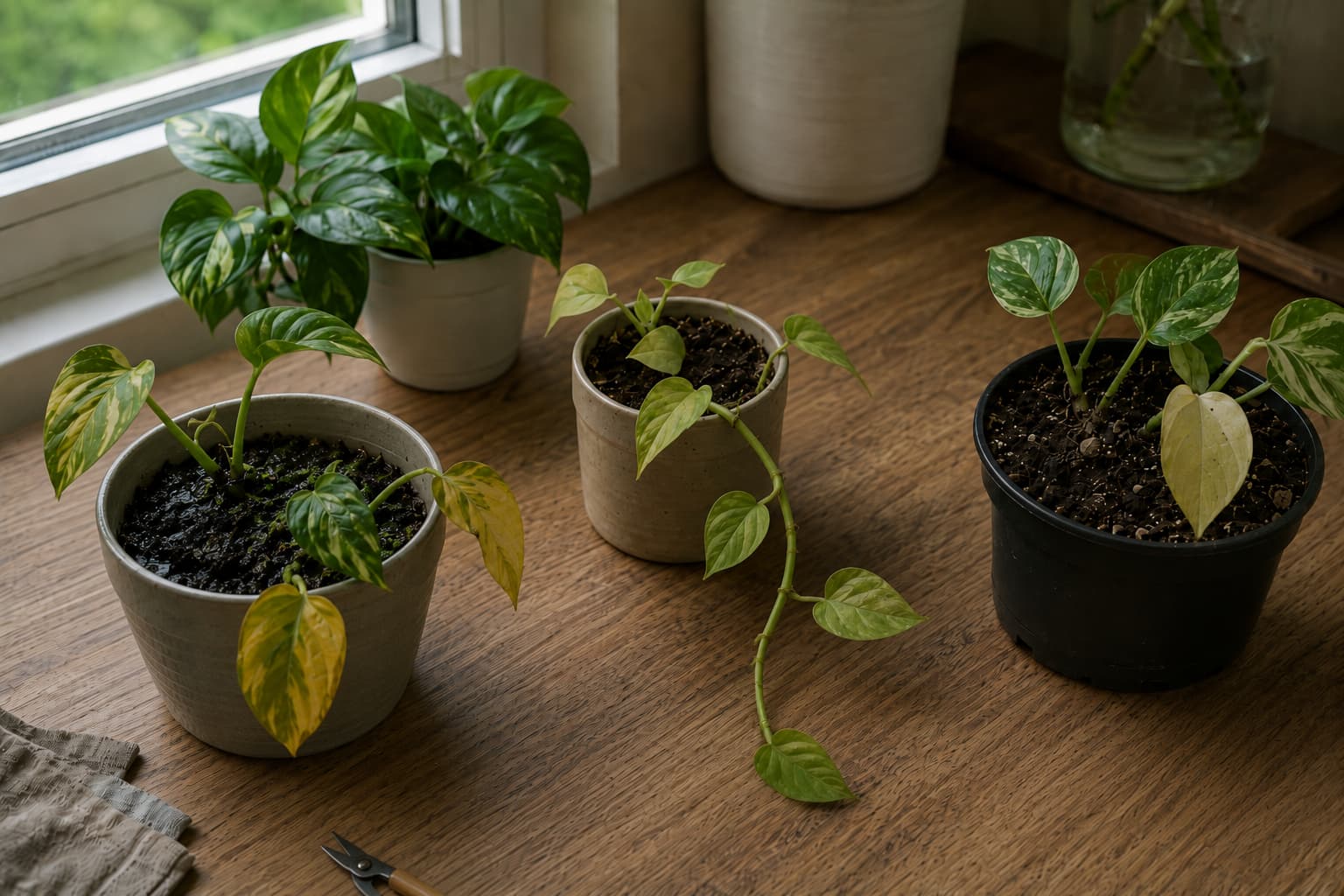 Pothos plants showing yellowing linked to wet roots, low light, nutrient stress, dry soil, and mild pest damage.