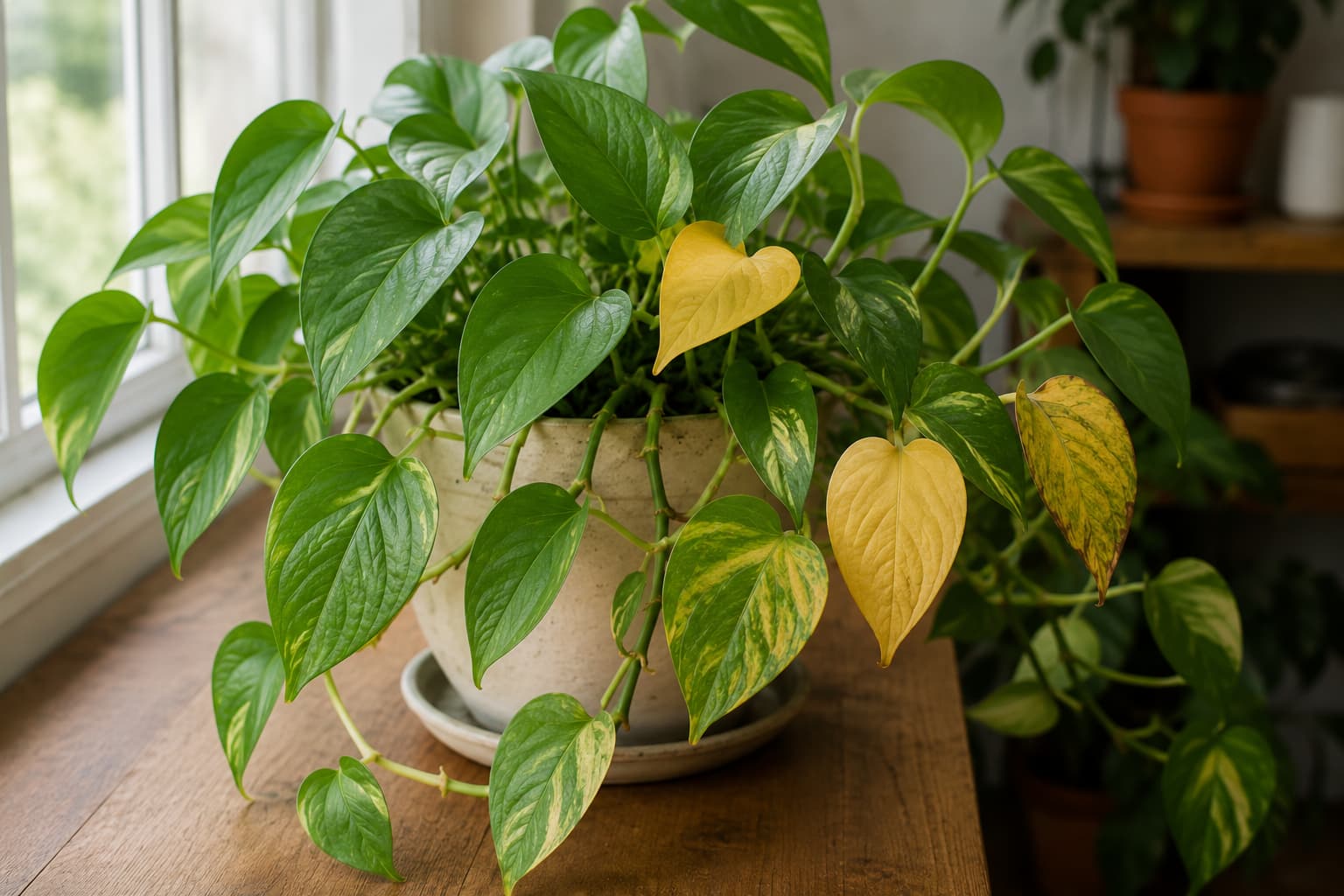 Pothos plant with healthy green leaves beside solid yellow, mottled yellow, and lightly browned leaves near a bright window.