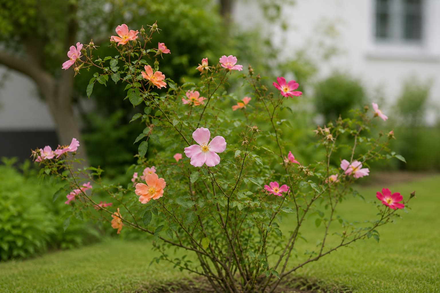 Illustration of Mutabilis Rosa chinensis displaying apricot, pink, and crimson flowers simultaneously on one natural shrub.