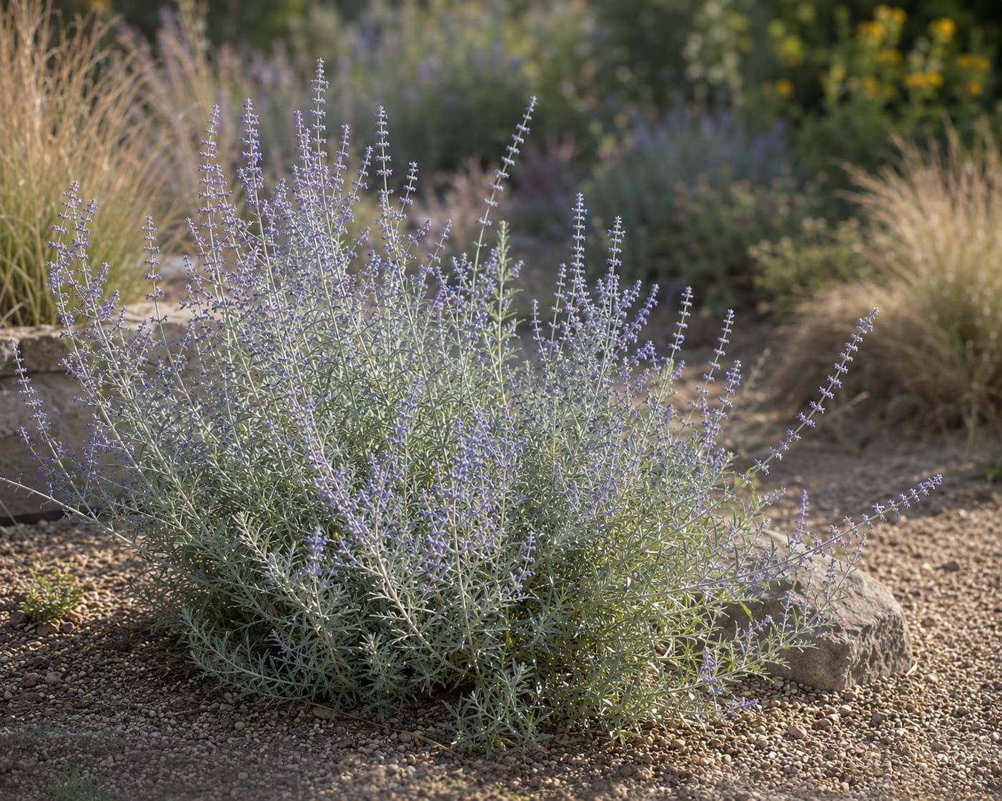 Illustration of airy Russian sage with silvery foliage and lavender-blue flower spikes in a hot dry border.