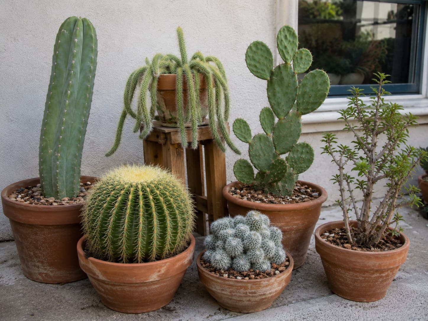 Illustration of six cactus types including columnar San Pedro, Golden Barrel, Rat-tail, Prickly Pear, Mammillaria, and leafy Pereskia.