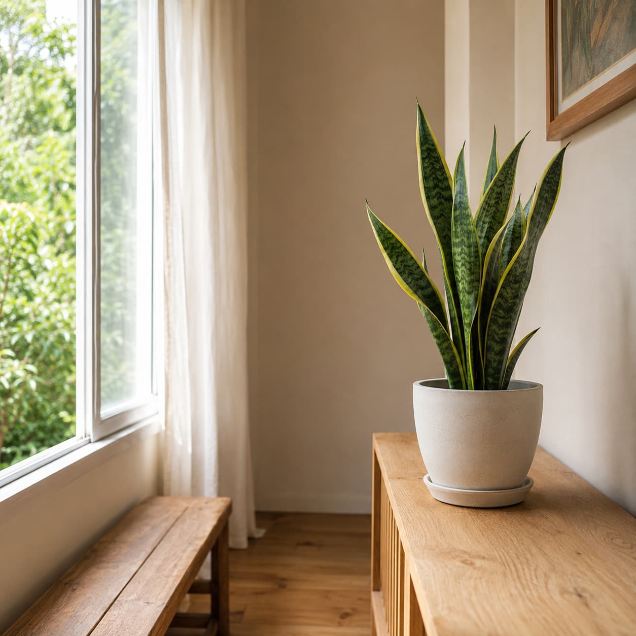 Illustration of a snake plant positioned slightly back from a bright summer window to avoid scorched leaves.