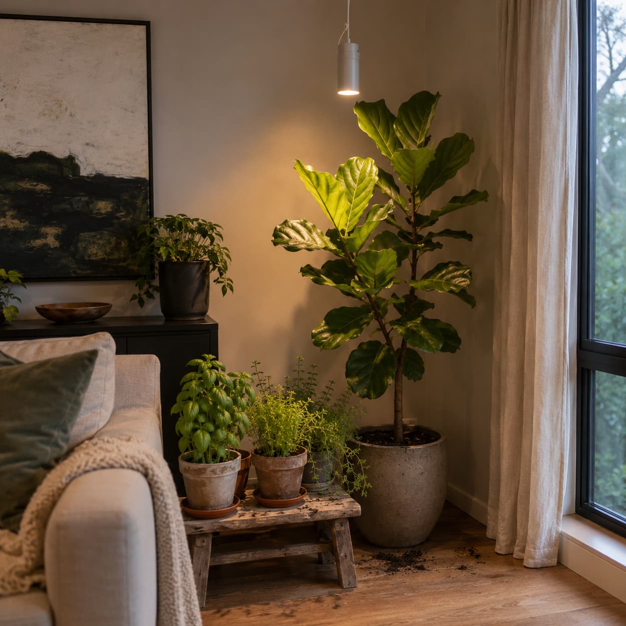 Soltech Aspect pendant grow light hanging from ceiling above a fiddle leaf fig and herb pots in a modern living room
