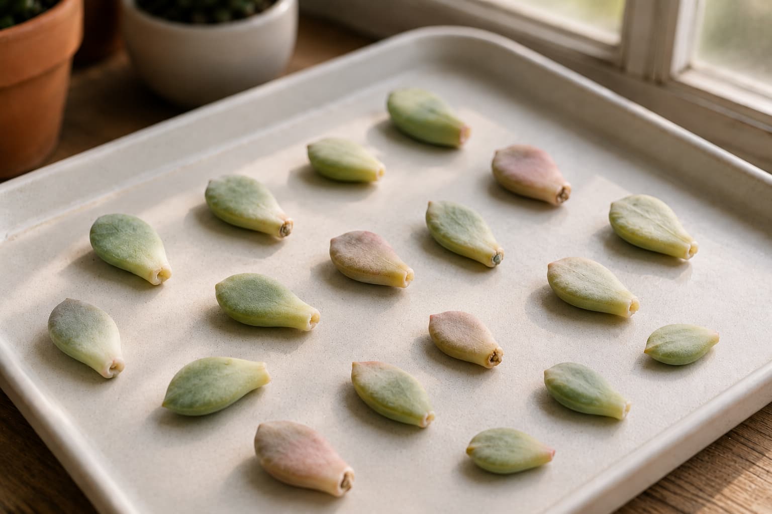 Illustration of freshly removed succulent leaves drying on a clean tray in bright indirect light before planting.