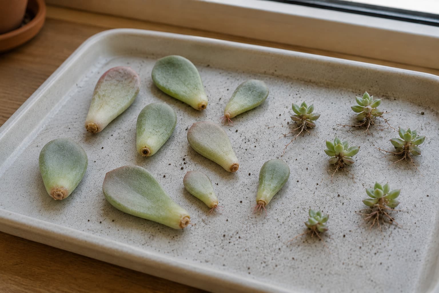 Illustration of healthy succulent leaves arranged on a dry propagation tray beside several newly rooted baby plants.