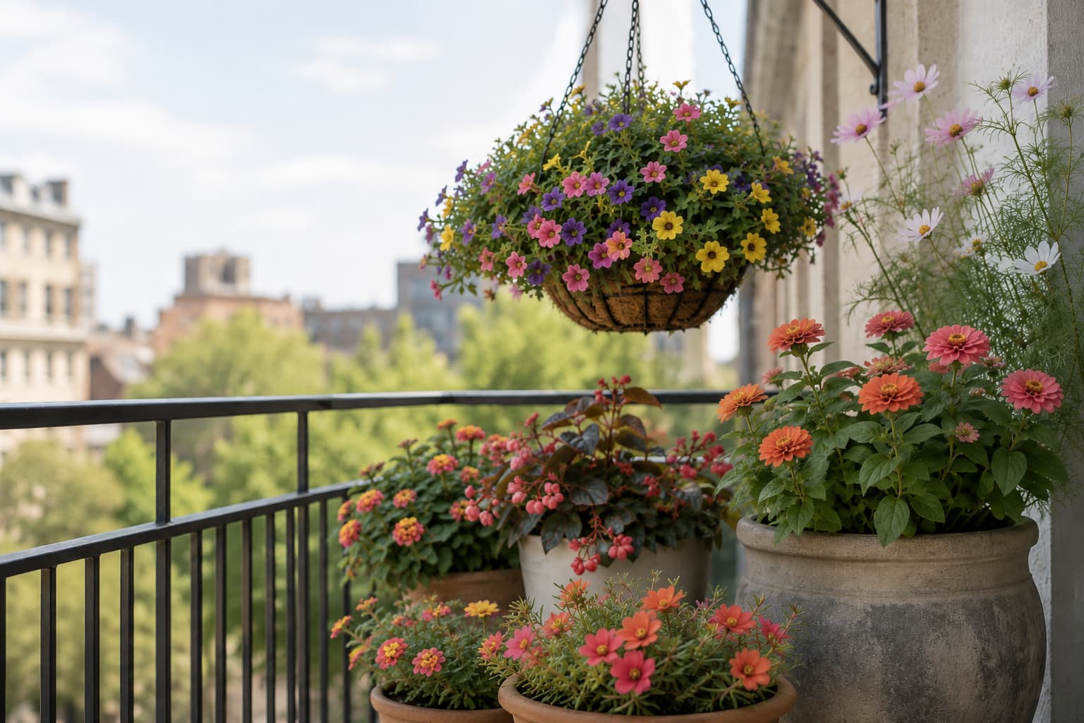 Illustration of zinnias, calibrachoa, lantana, portulaca, cosmos, and wax begonias arranged on a sunny apartment balcony.