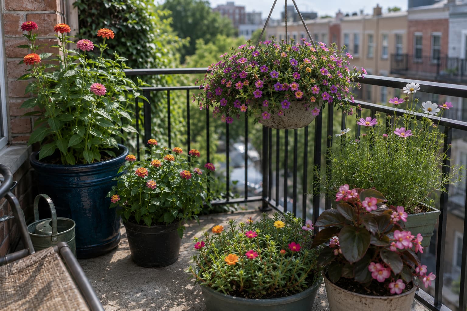 Illustration of a sunny apartment balcony filled with zinnias, calibrachoa, lantana, portulaca, cosmos, and wax begonias.