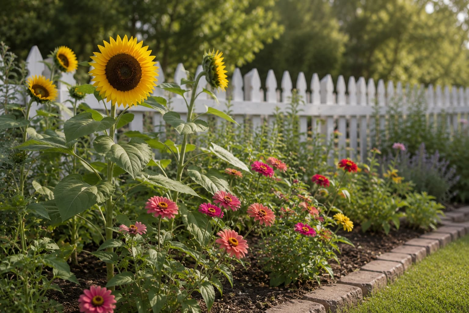 Illustration of tall sunflowers and colorful zinnias growing together in a sunny summer garden border.