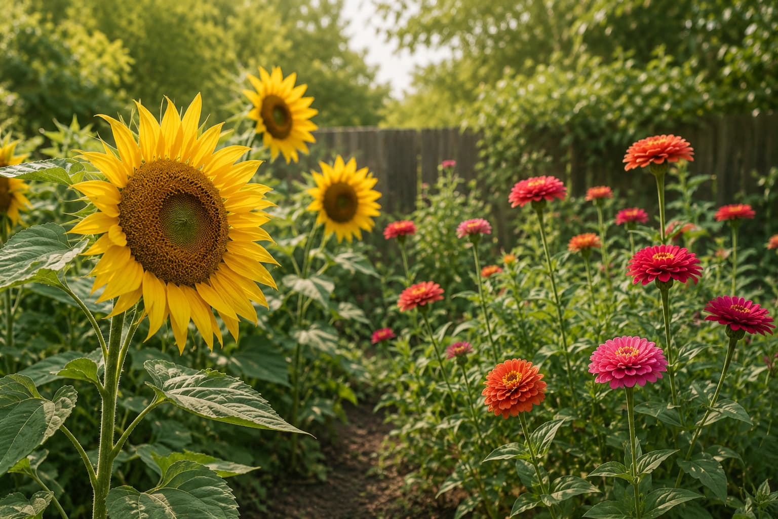 Illustration of tall sunflowers and colorful zinnias growing on opposite sides of a sunny backyard garden path.