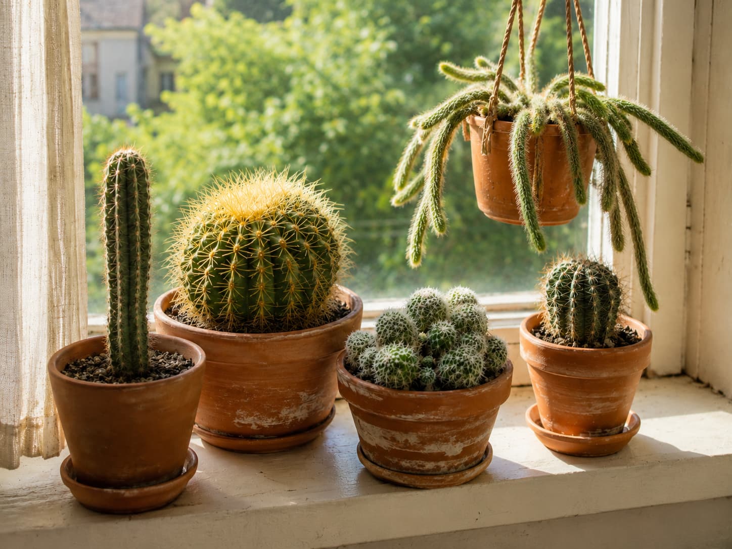 A sunny south-facing windowsill with a curated collection of small cacti in various terracotta pots — a round Golden Barrel, a cluster of Mammillaria, a small columnar cactus, and a trailing Rat-tail in a hanging pot