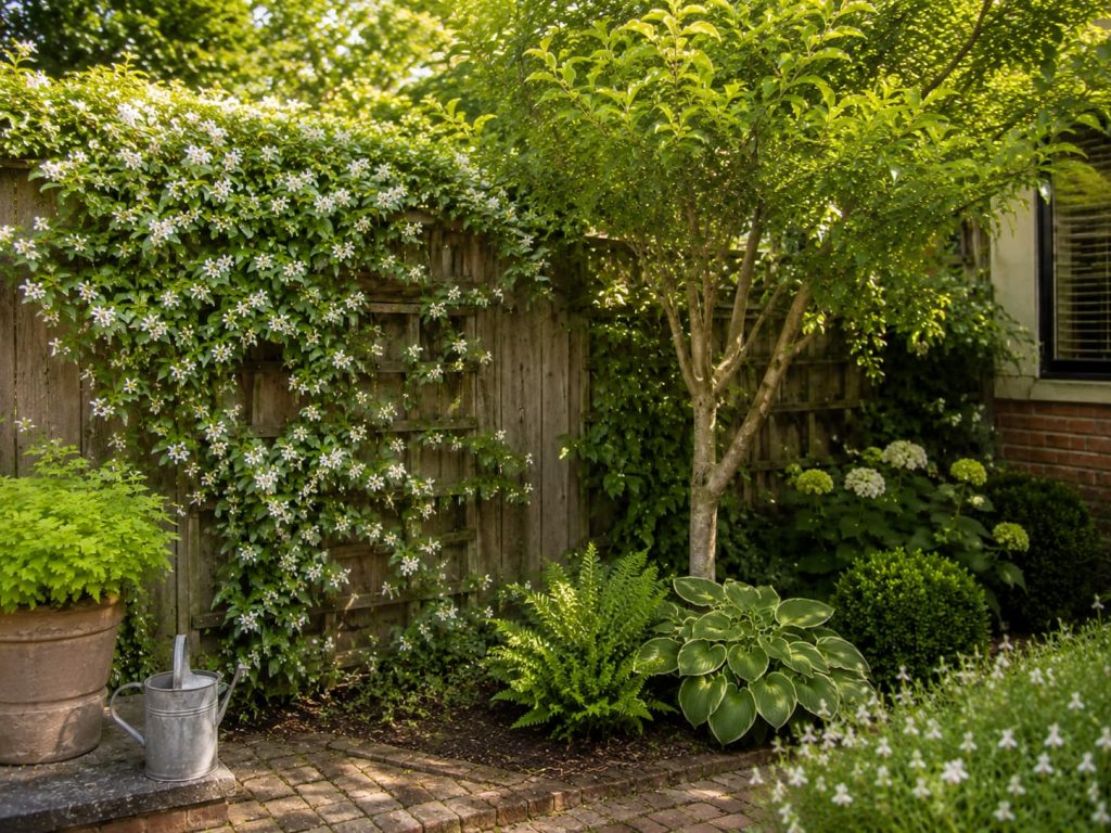 Illustration of a small garden tree and white flowering vines growing along a wooden fence in a sunny backyard.