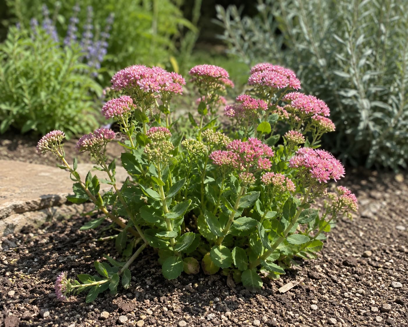 Illustration of upright sedum with pink late-summer flower heads and thick water-storing leaves in full sun.