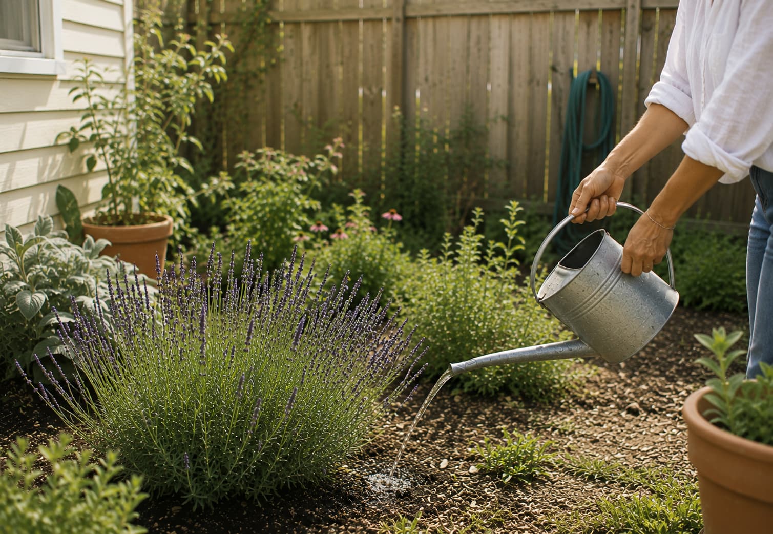 Illustration of a gardener watering drought-tolerant flowers deeply at soil level while leaving the foliage dry.
