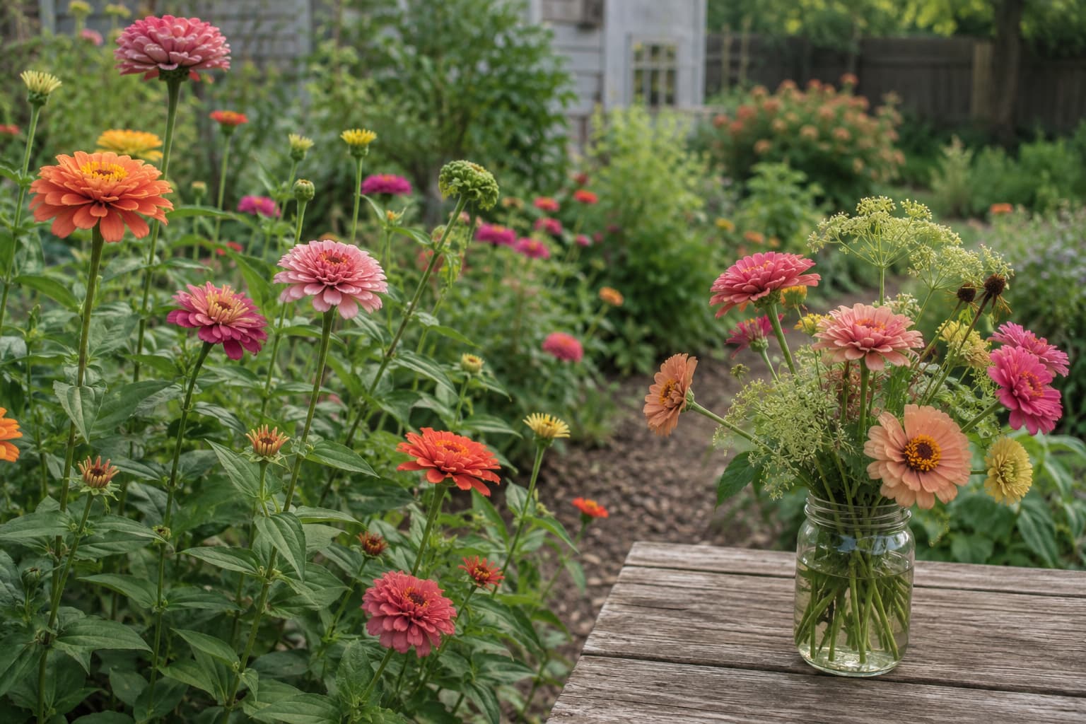 Illustration of colorful zinnias growing in a cutting garden beside a casually arranged summer bouquet.