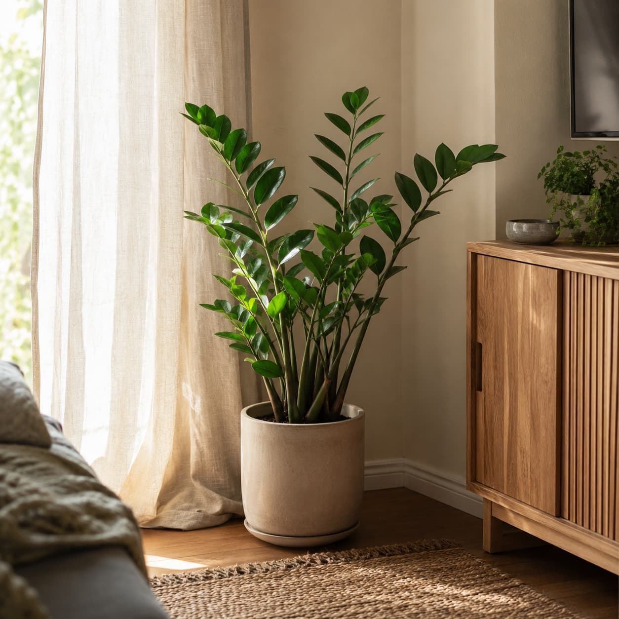 Illustration of a healthy ZZ plant receiving bright filtered summer light behind a sheer curtain in a relaxed home interior.