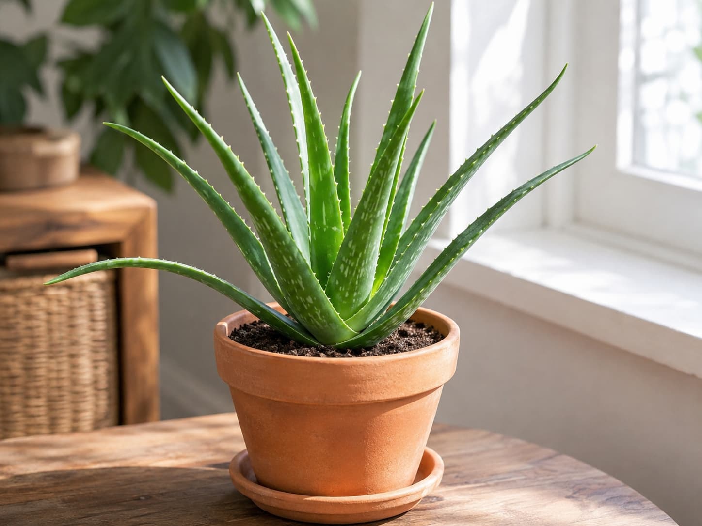 Healthy aloe vera growing in a terracotta pot with drainage in bright filtered indoor light.