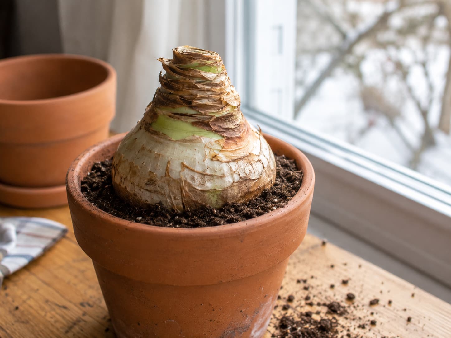 Amaryllis bulb planted in a snug terracotta pot with the upper third to half of the bulb above the potting mix.