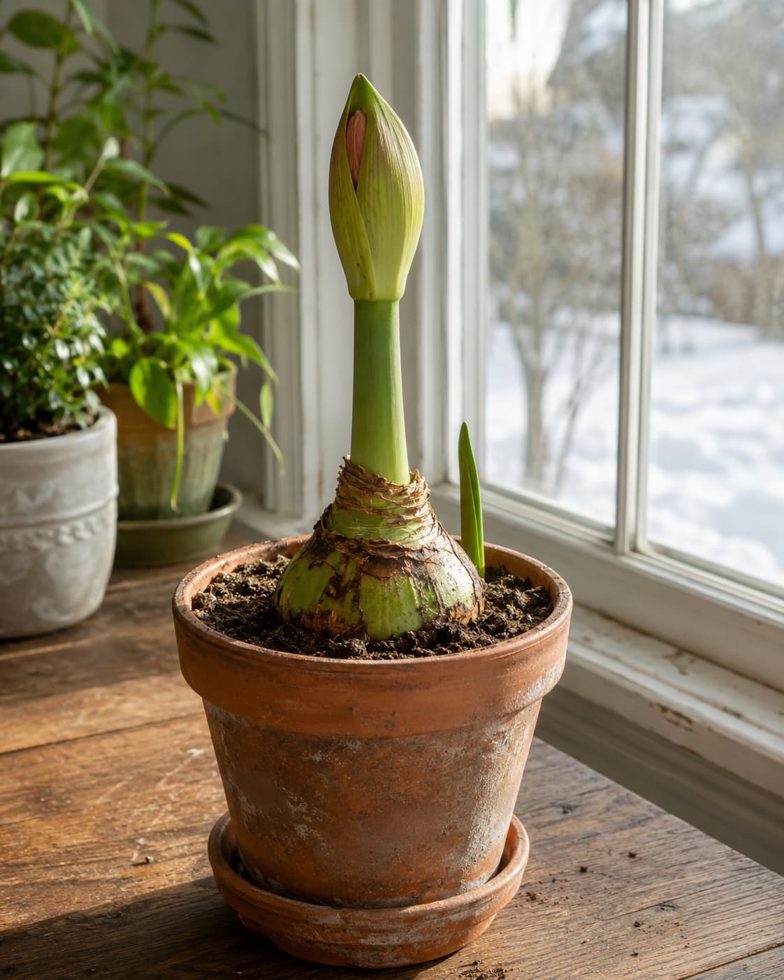 Amaryllis flower stalk emerging from a potted bulb beside a bright window with the pot positioned for even growth.
