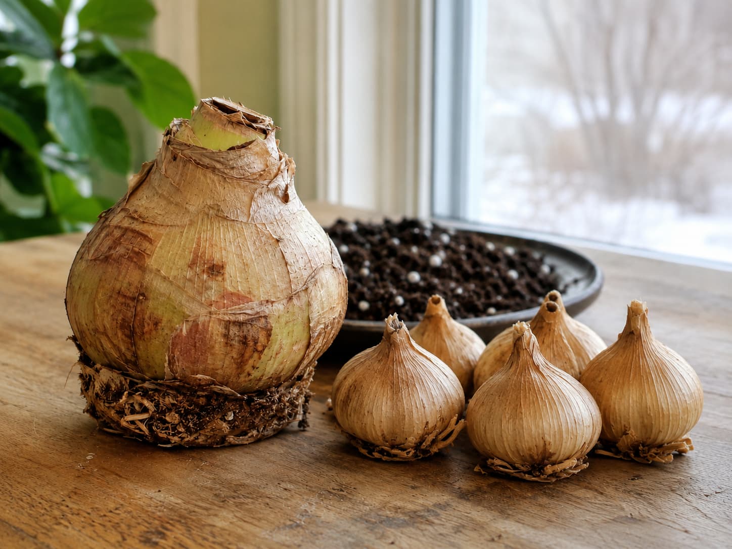 Large amaryllis bulb and smaller paperwhite bulbs side by side before indoor planting.