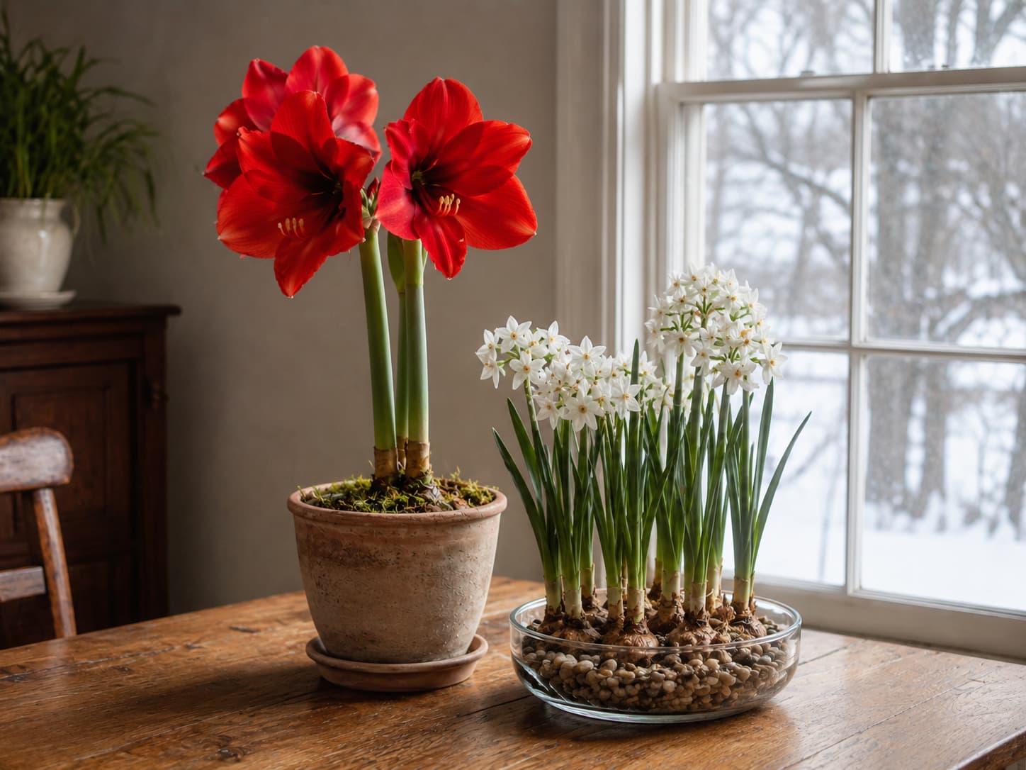 Holiday display with a potted amaryllis and a separate shallow bowl of paperwhites grouped together on a wooden table.