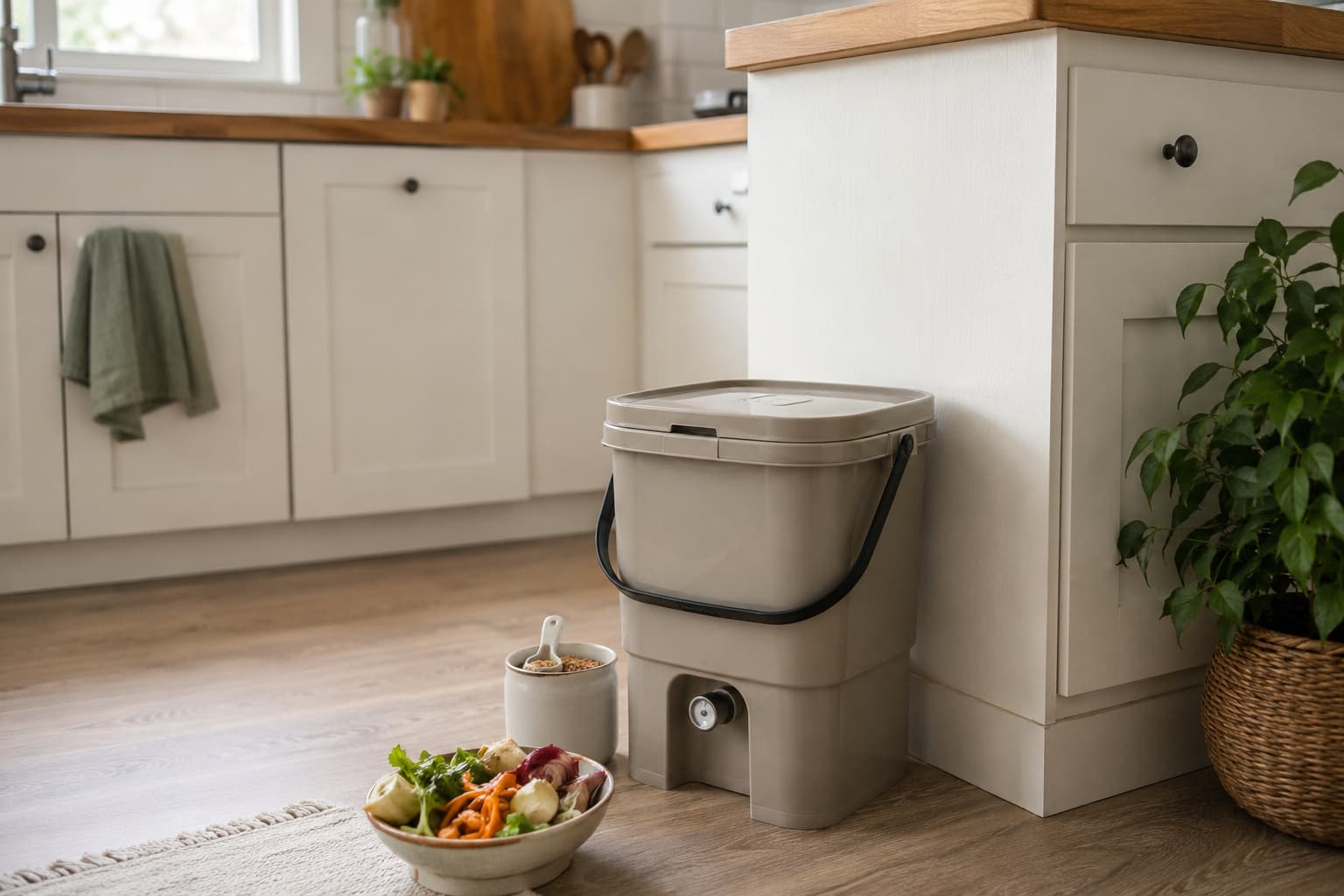 Compact Bokashi bucket used to ferment kitchen food scraps in a bright apartment kitchen.
