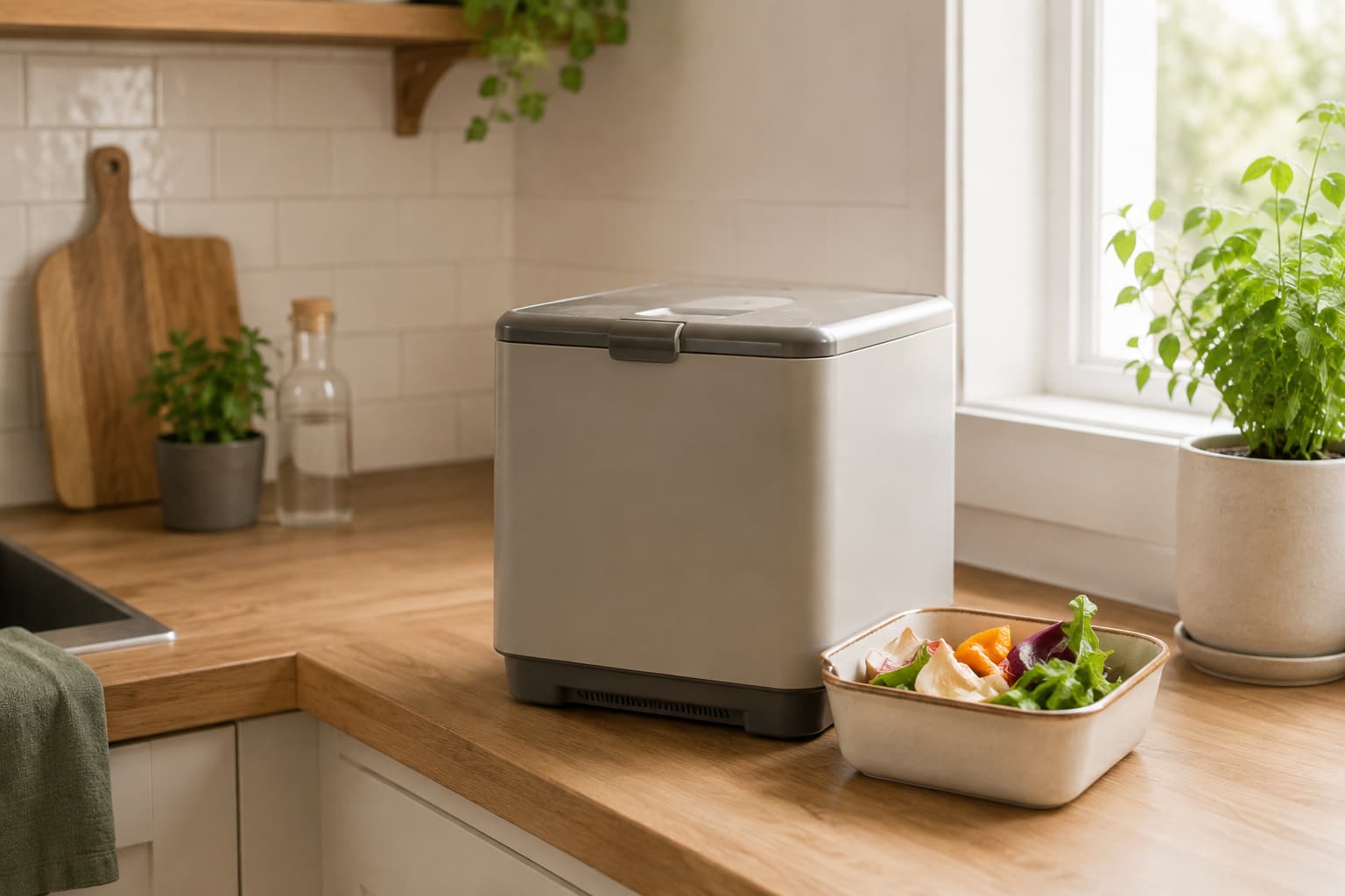 Compact electric food recycler on an apartment kitchen counter beside a small container of food scraps.