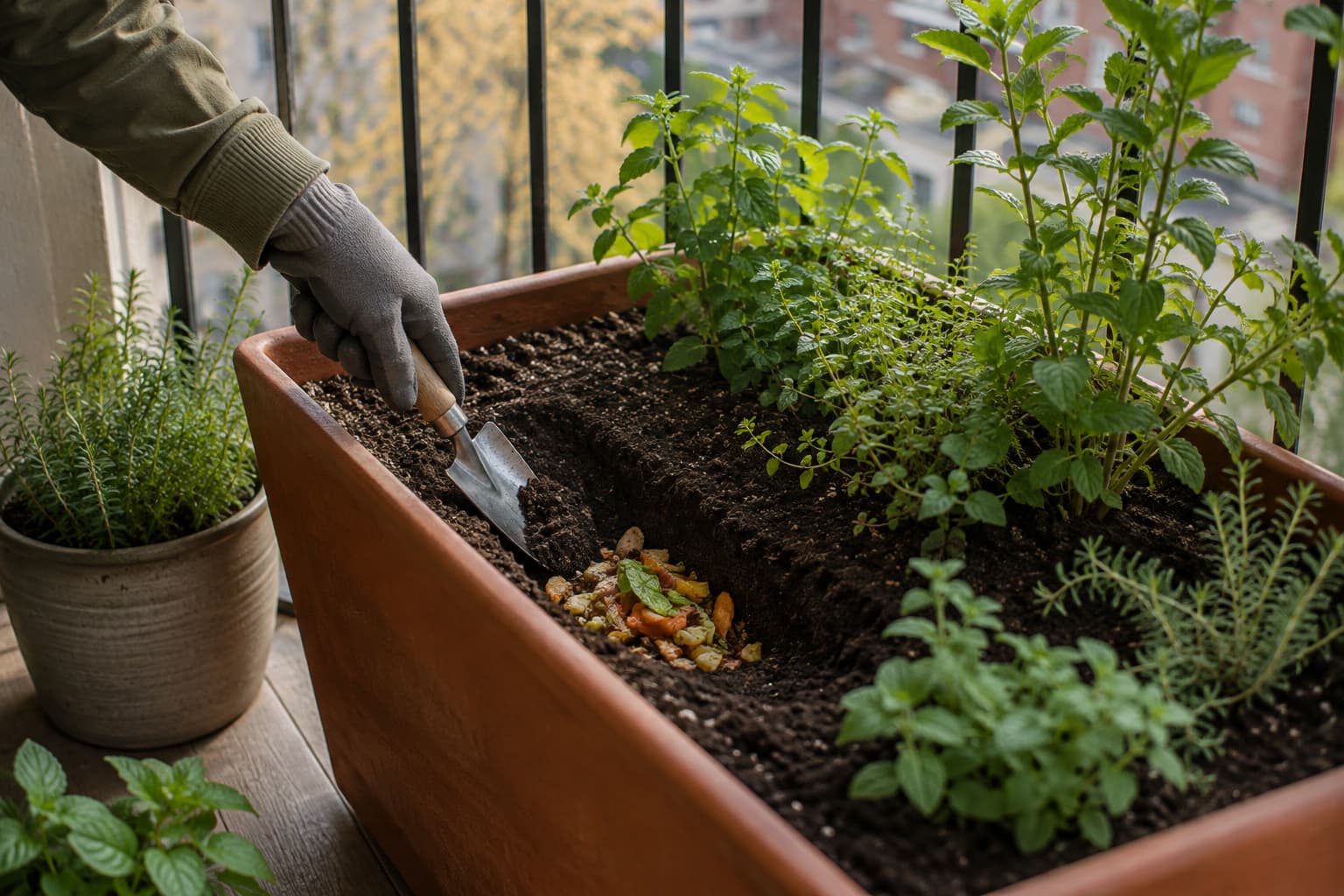 Small amount of chopped plant-based kitchen scraps being buried deeply in a large outdoor apartment planter.
