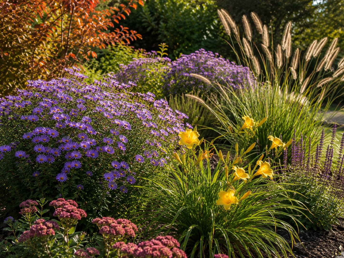 Purple asters and reblooming daylilies combined with complementary fall perennials in a layered garden border.