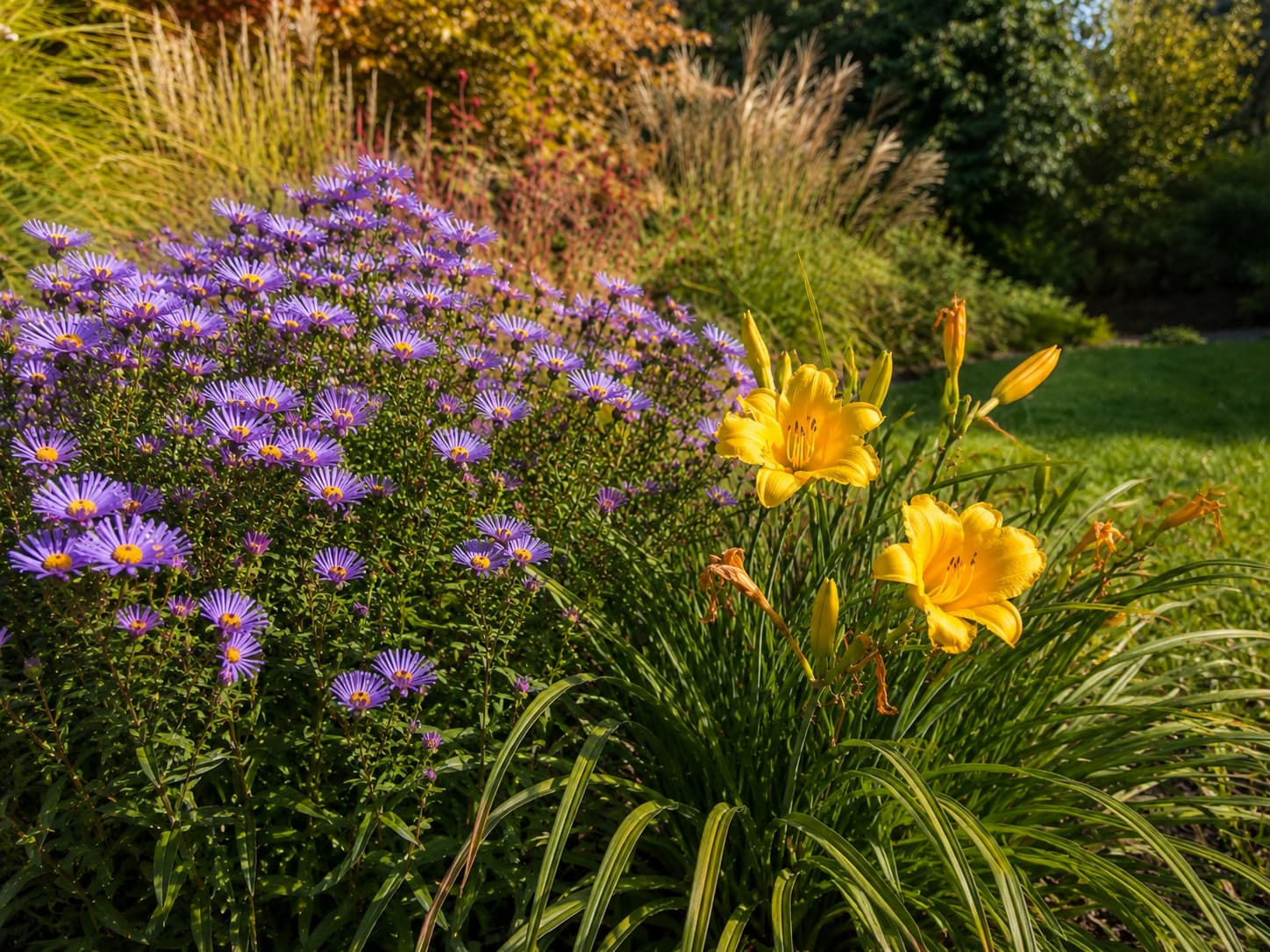 Purple asters and golden reblooming daylilies flowering together in a sunny fall garden border.