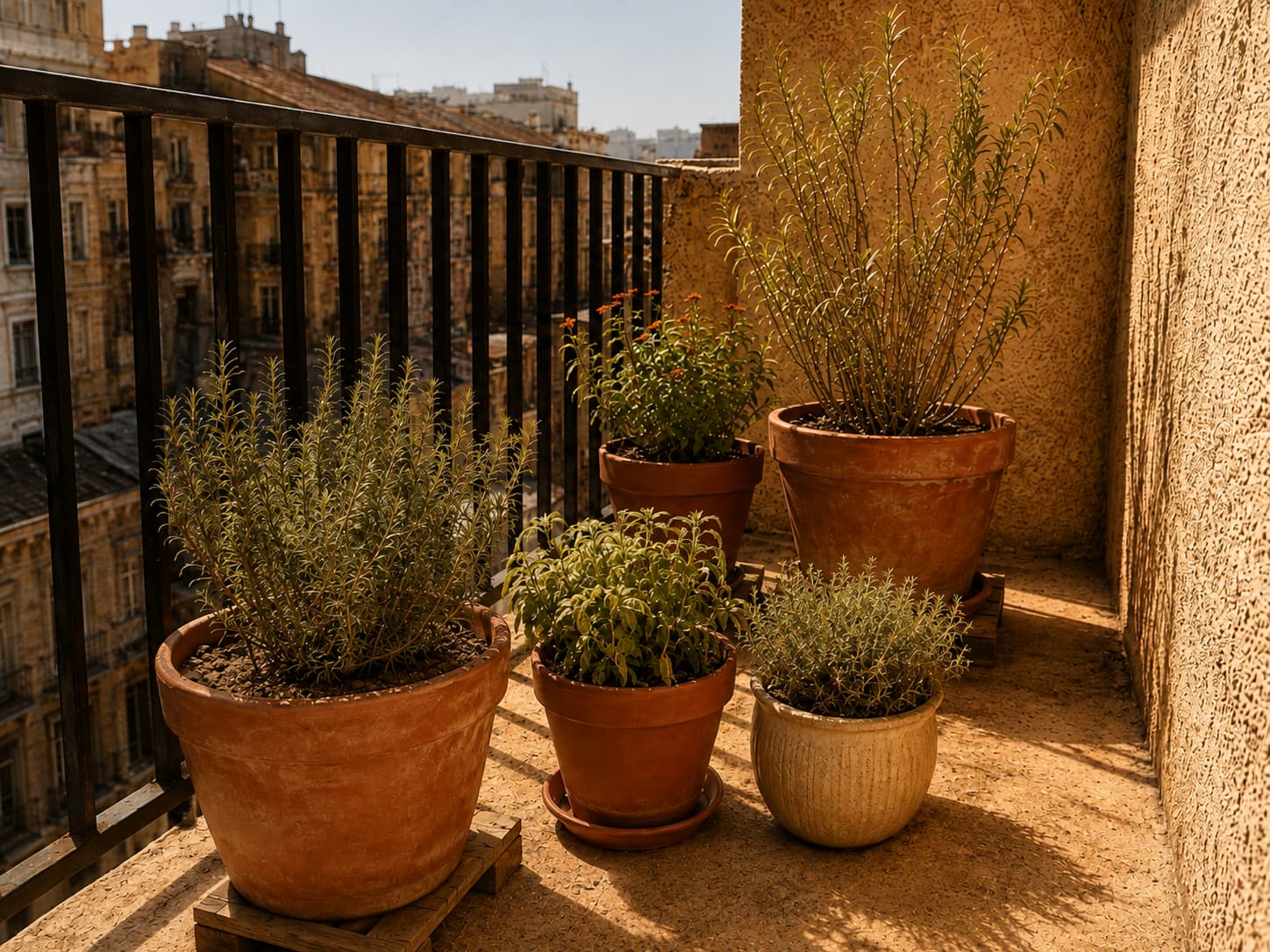 A sun-exposed balcony showing heat buildup from the floor, wall, and railing around container plants in summer.