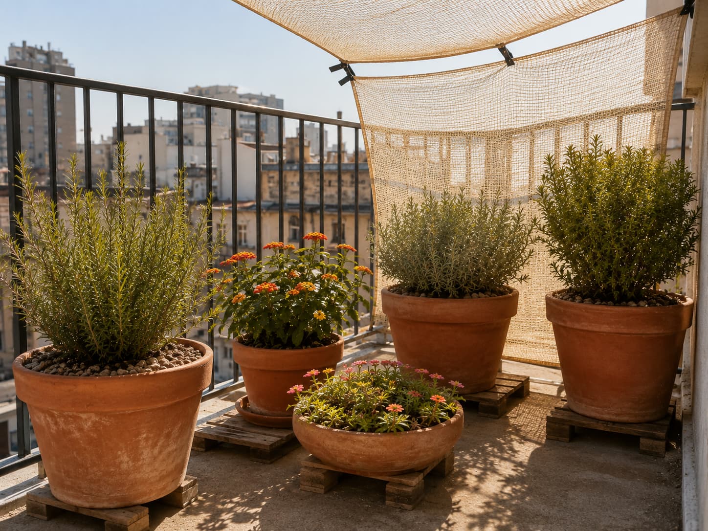 Terracotta pots on an elevated balcony with light shade cloth protecting heat-tolerant plants during a summer heatwave.