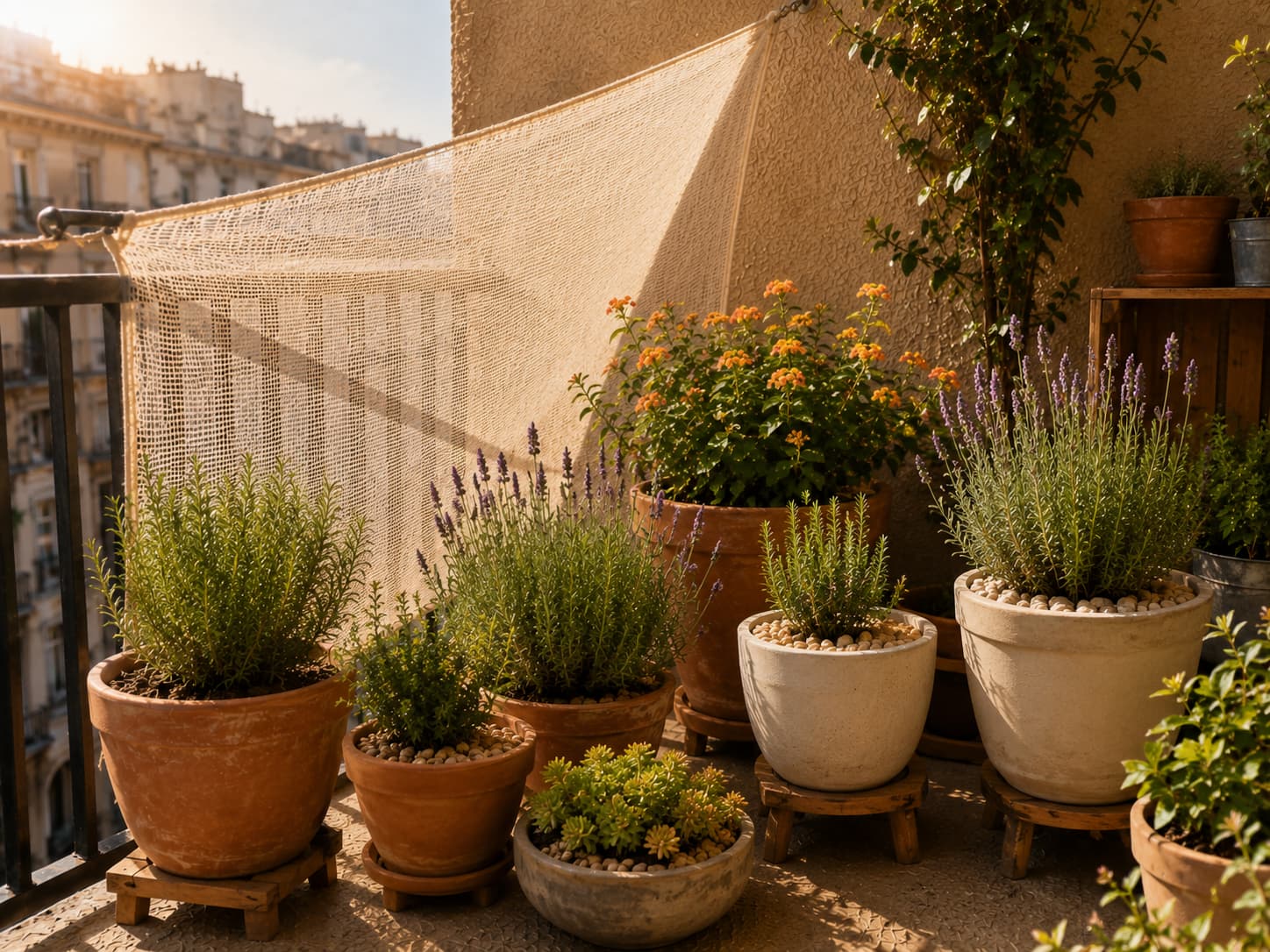 Heat-tolerant balcony plants in terracotta and light-colored pots protected by breathable shade cloth during intense summer heat.