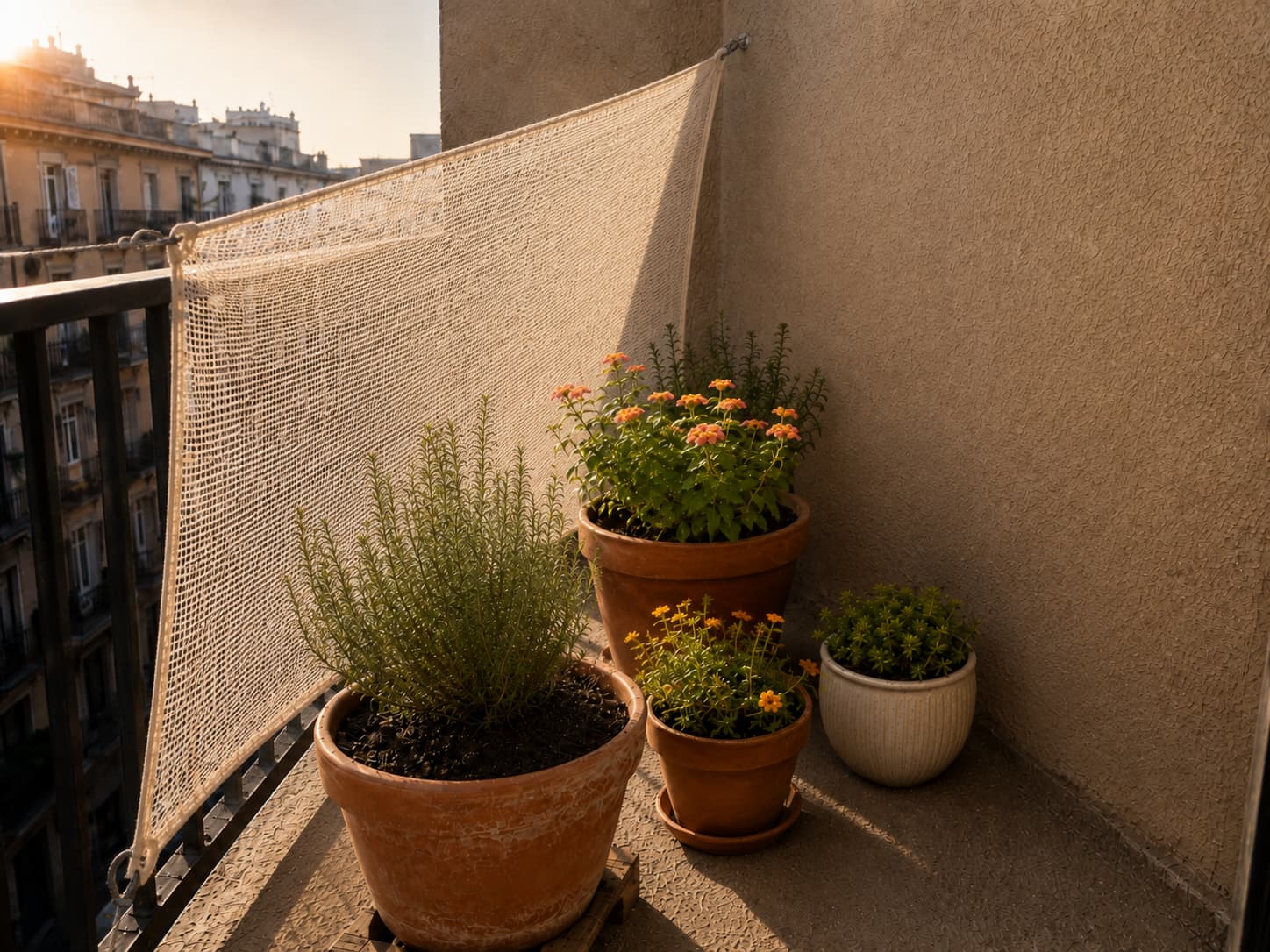 A balcony with white shade cloth installed on the sunniest side, leaving airflow between the fabric and the plants.
