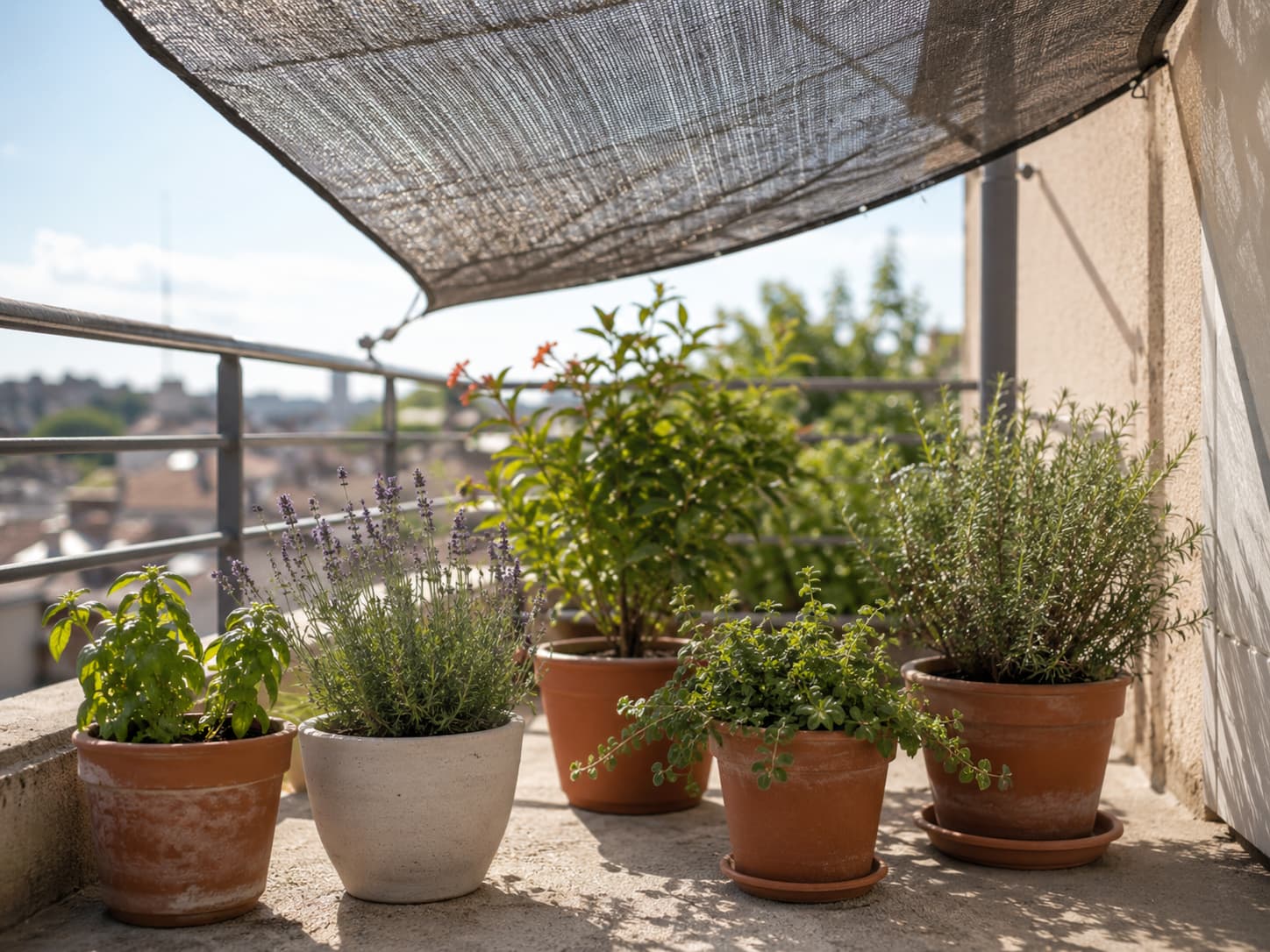 Balcony containers protected from harsh summer exposure with breathable shade and good spacing for airflow.