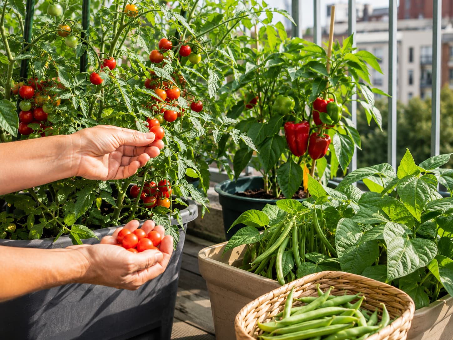 Fresh cherry tomatoes, peppers, and bush beans being harvested from a summer balcony garden.