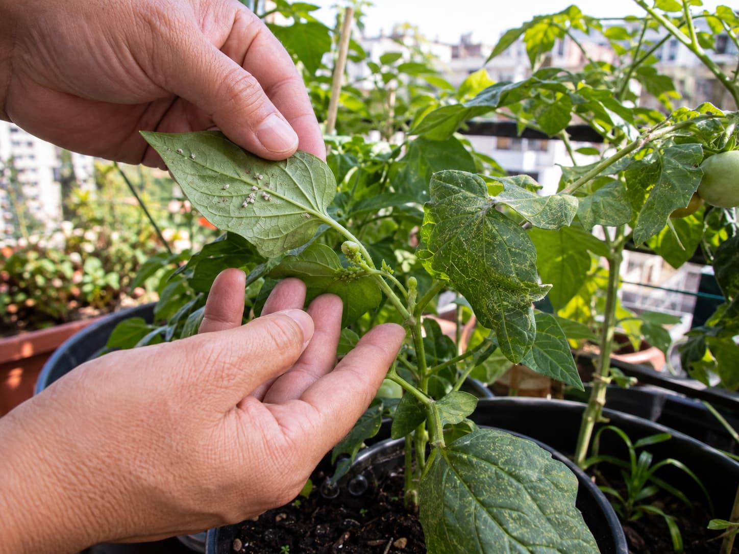 Gardener inspecting the undersides of balcony vegetable leaves for aphids, whiteflies, and mite damage.