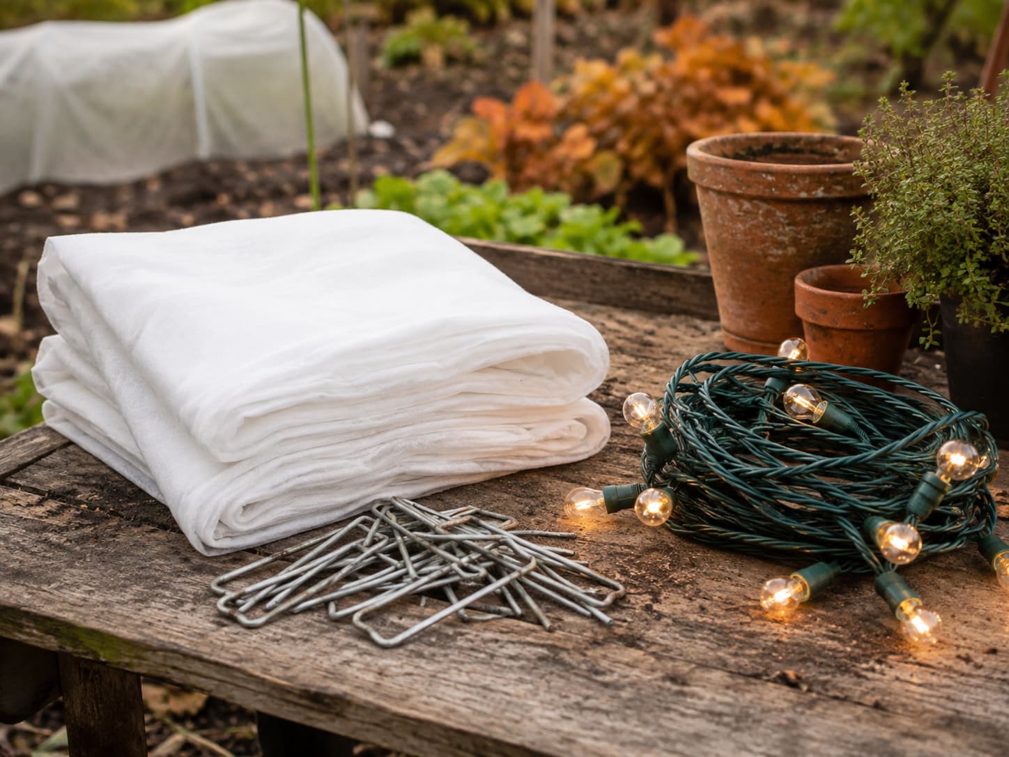 Basic frost protection supplies including folded frost cloth, garden staples, and outdoor-rated incandescent lights.