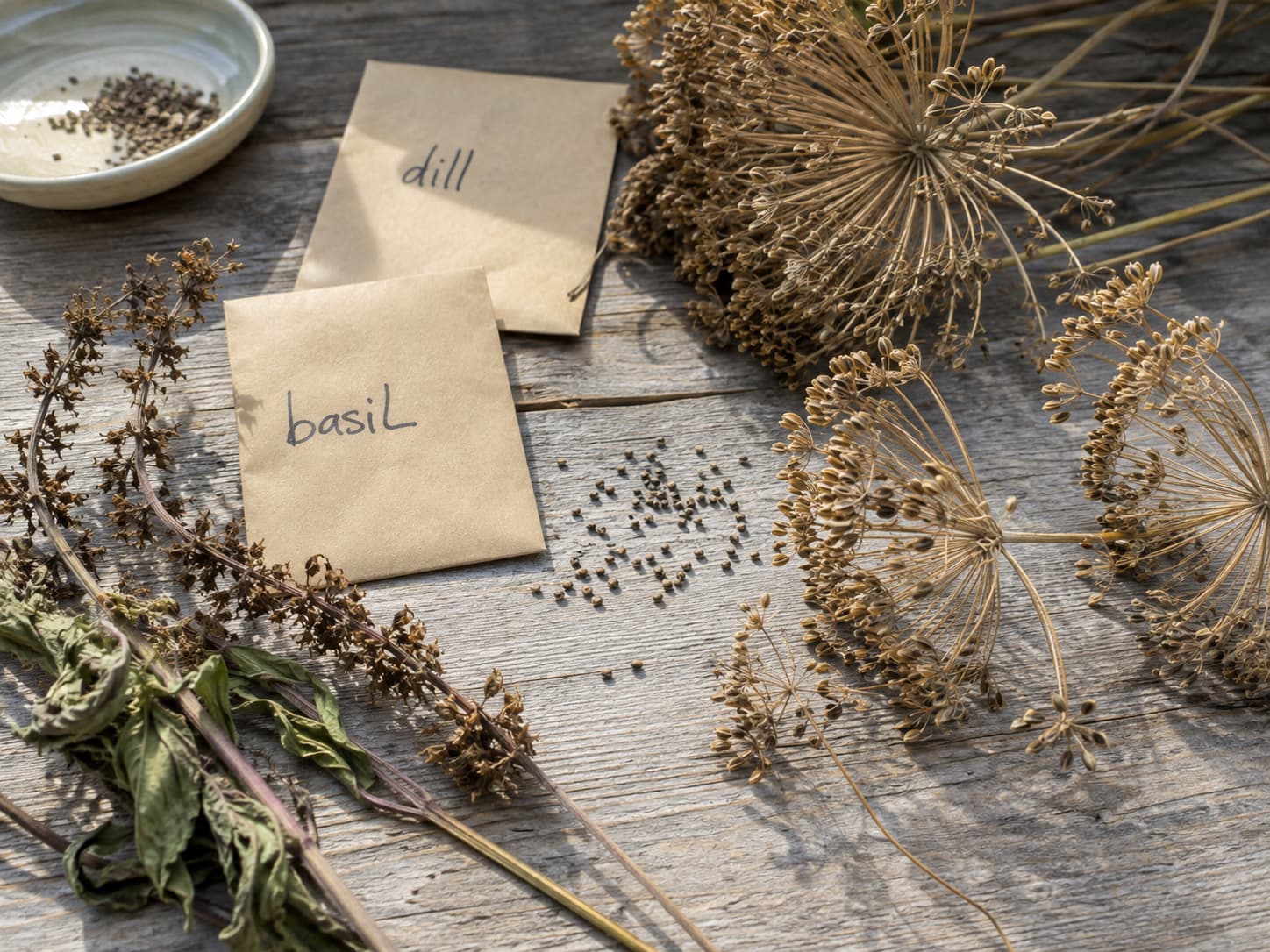 Dried basil flower spikes and dill seed umbels ready for seed harvesting beside labeled paper seed envelopes.