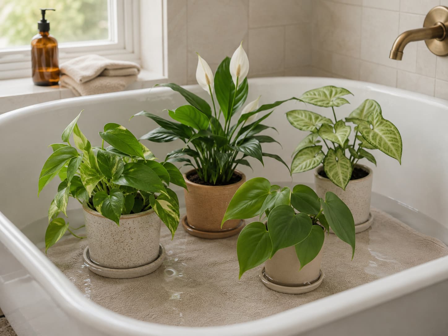 Tropical houseplants grouped in a bathtub for vacation watering, with shallow water and indirect light.