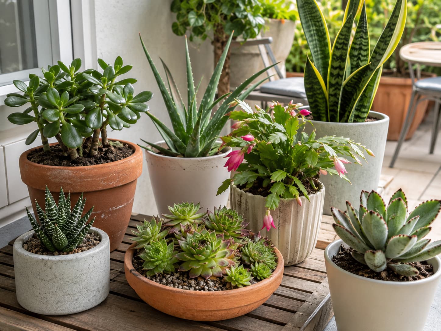Beginner-friendly succulents including Haworthia, snake plant, jade, aloe, Christmas cactus, panda plant, and hens and chicks arranged in realistic home and patio containers.