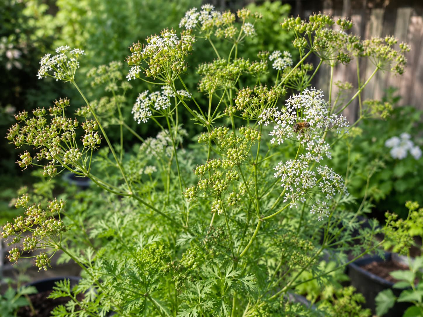 Bolted cilantro with delicate white flowers and developing coriander seed heads left standing for harvest and pollinators.