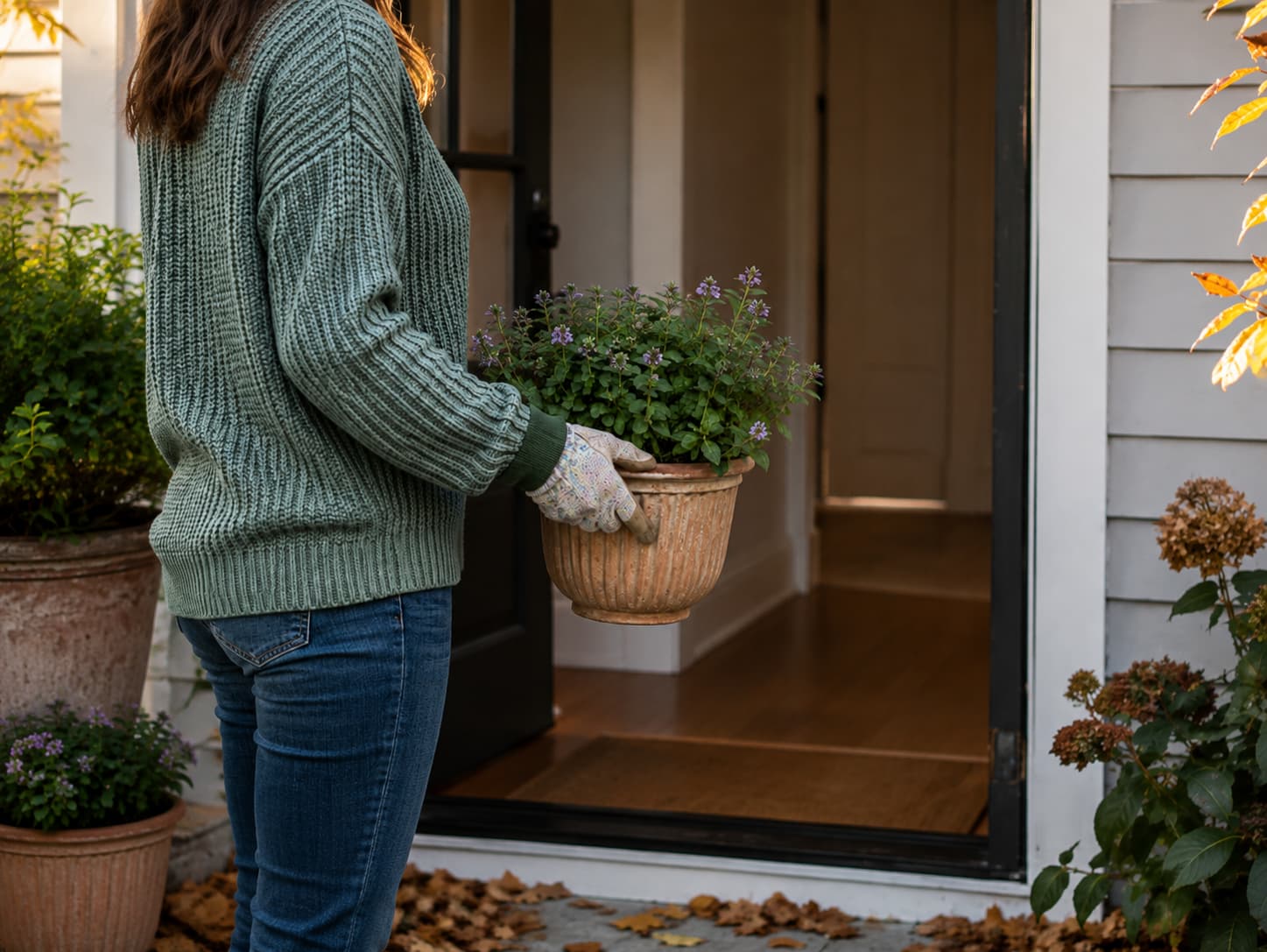 Gardener carrying healthy potted outdoor plants toward the house before cold autumn nights, with the face out of frame.