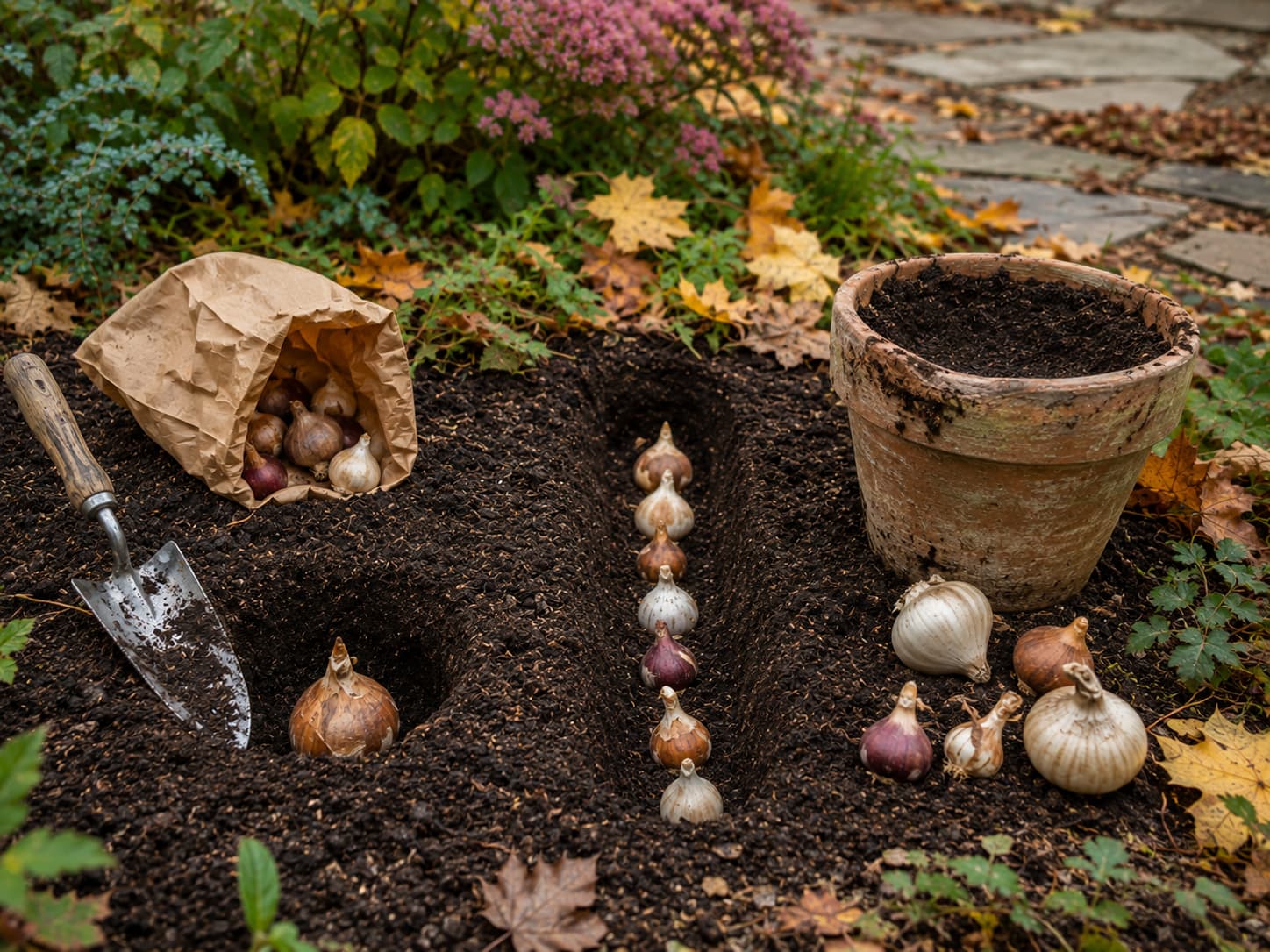 Fall bulb planting setup showing an individual bulb hole, a shallow planting trench, and a container prepared for spring bulbs.