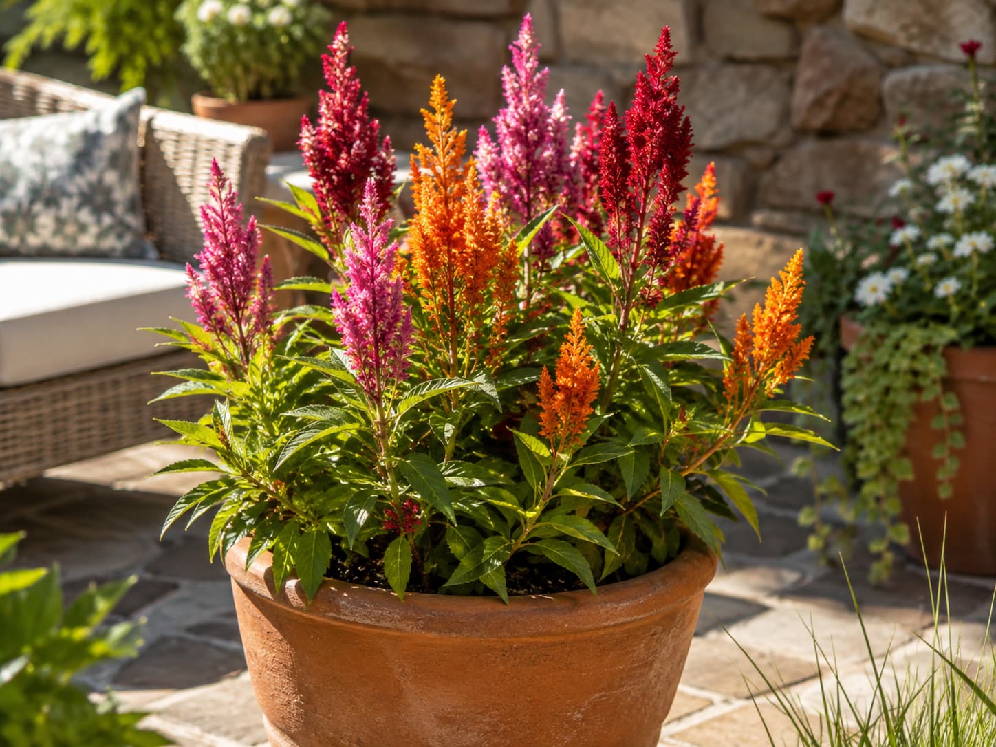 Colorful celosia flower spikes growing upright in a warm sunny patio container.
